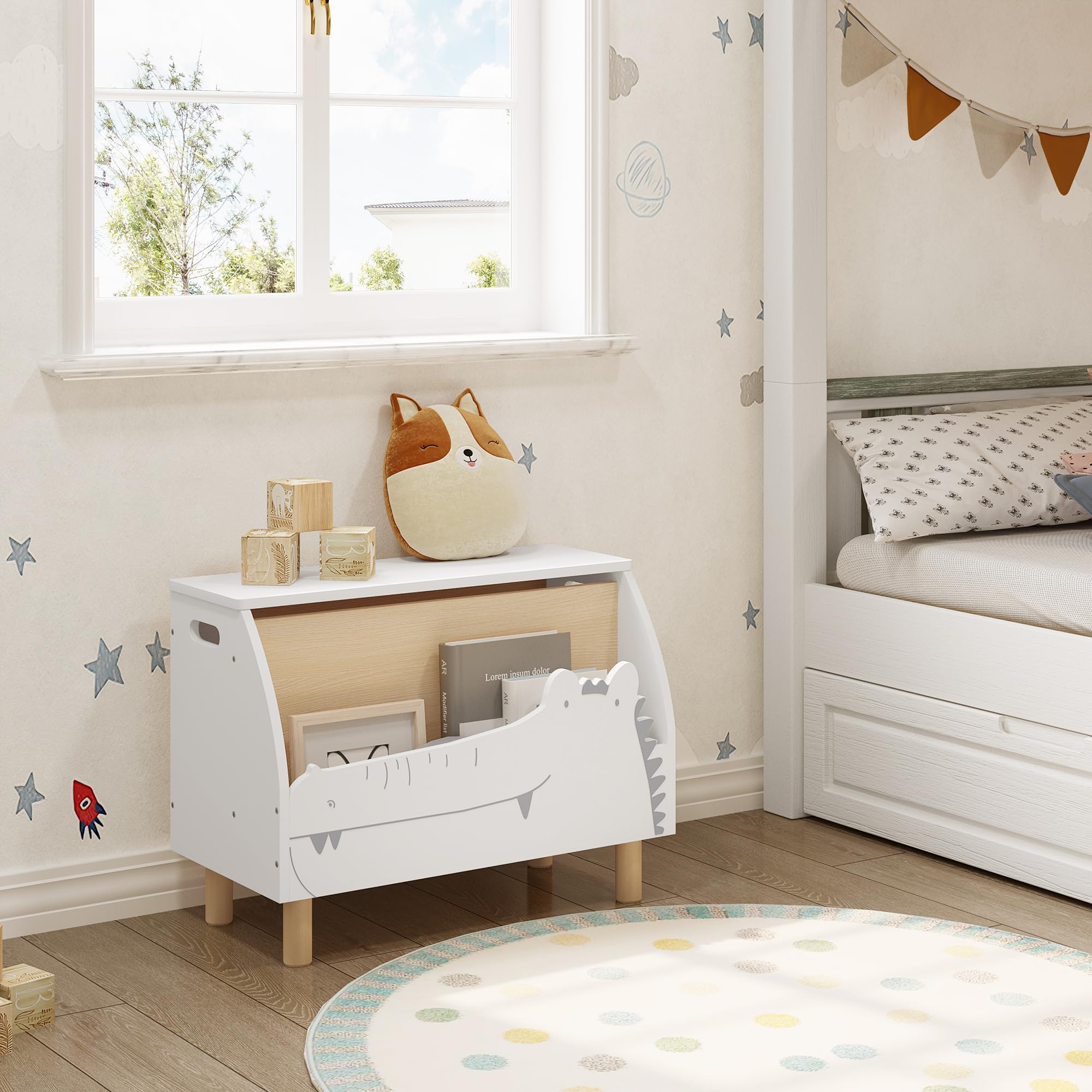 WOLTU Panca Contenitore per Bambini, Contenitore Porta Giocattoli in Legno a Coccodrillo, Cassapanca con Scomparto Chiuso e Aperto, Bianco, 49,5x30x44,5cm