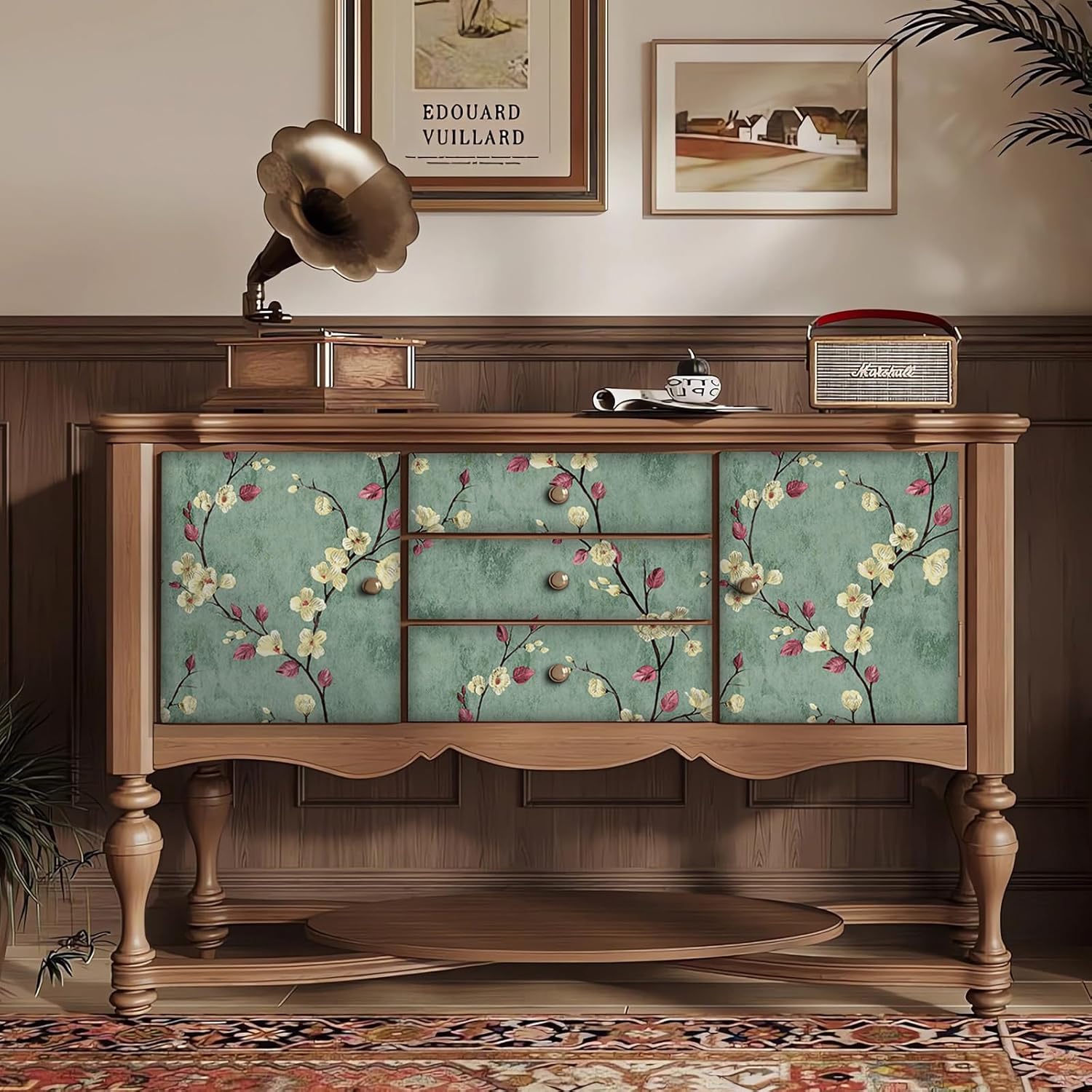 Ohmywor Floral Peel and Stick Wallpaper, Green Flower Tree Contact Paper, Self Adhesive Waterproof Wall Paper, Vintage Floral Wallpaper Removable Decorative Room Cabinets Vinyl Roll 17.7"x236"