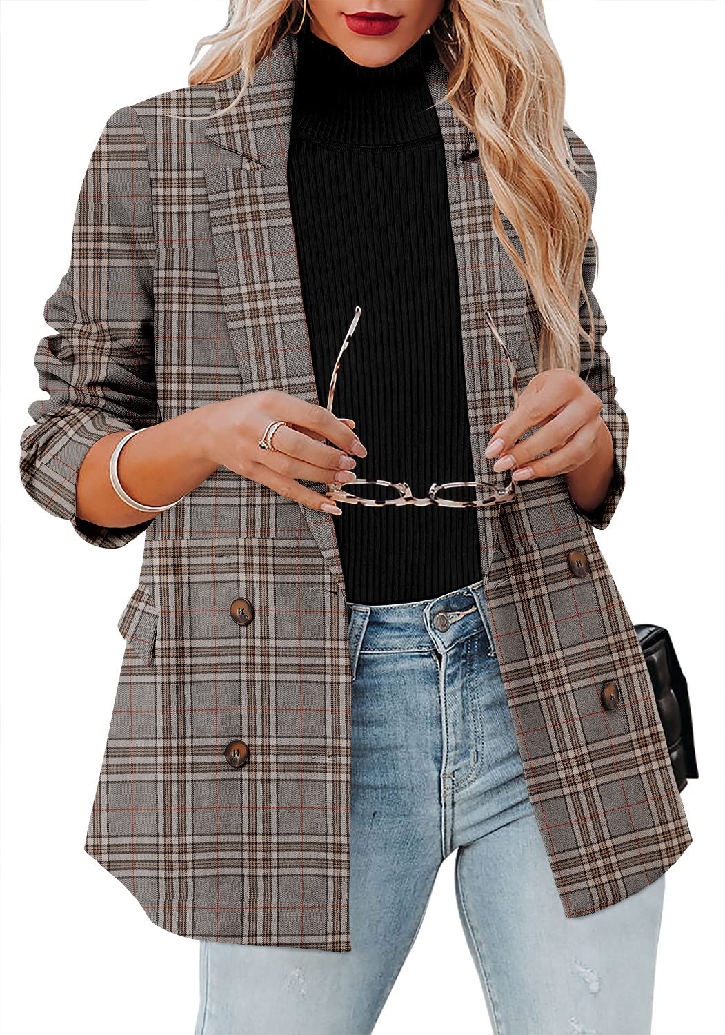 CRAZY GRIDWomens Casual Blazer Jacket Long Sleeve Open Front Work Office Blazer Lapel Button Jacket