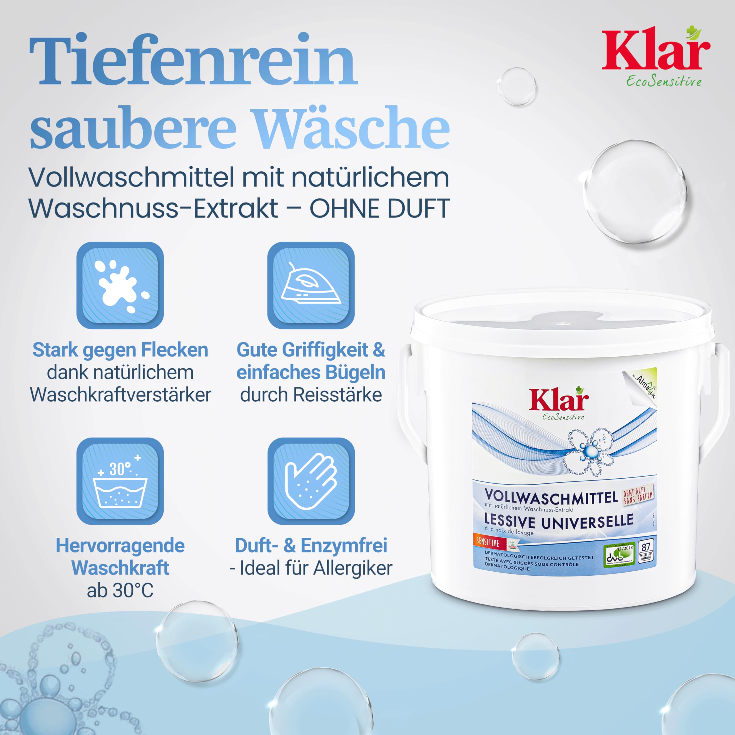 Klar Vollwaschmittel Pulver Sensitive 4,4kg - 80 Ladungen - Allergiker Waschpulver ohne Duft - Bio Waschmittel Pulver mit natürlichem Waschnuss Extrakt - VEGAN & Enzymfrei