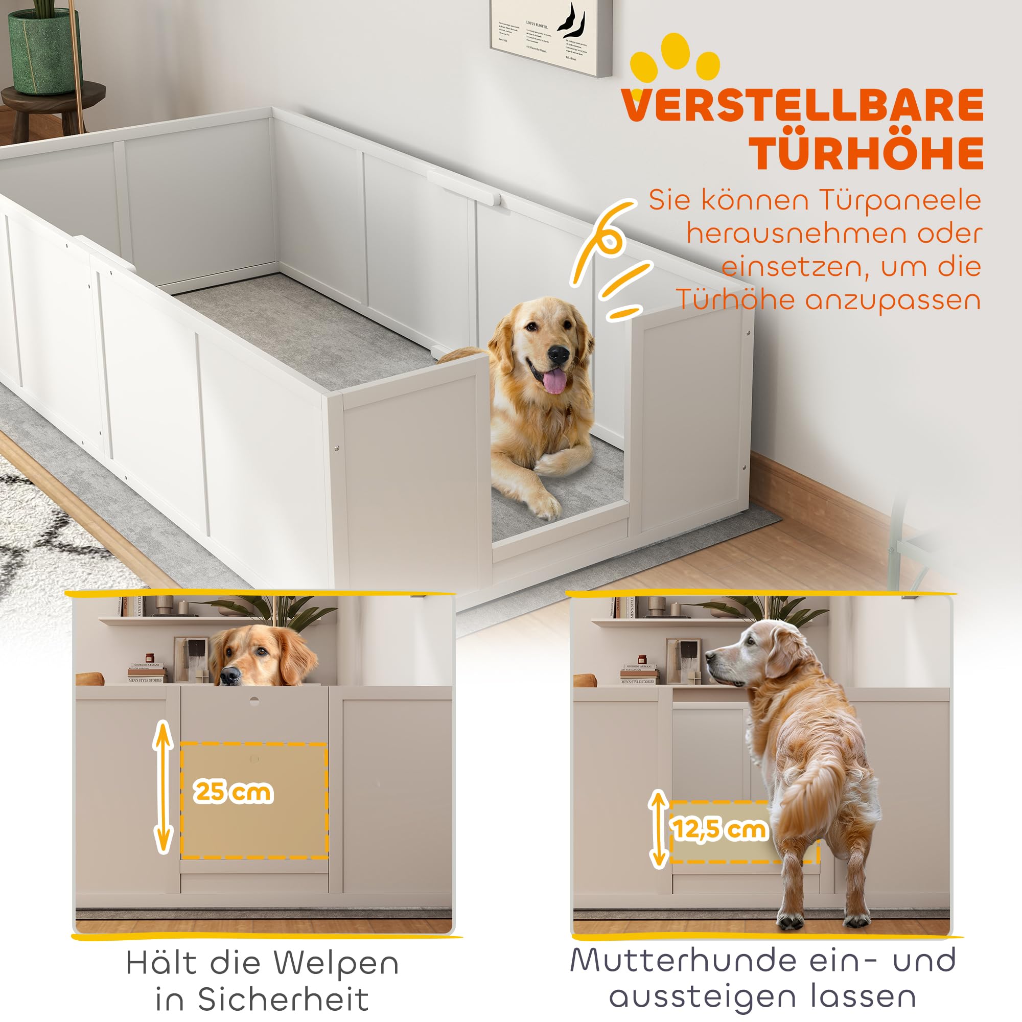 PawHut Wurfkiste für Welpen rutschfest für Große Hunde 196x96x48 cm Weiß | Wurfbox Welpenlaufstall, mit Verstellbarer Tür, Hundelaufstall Welpenauslauf