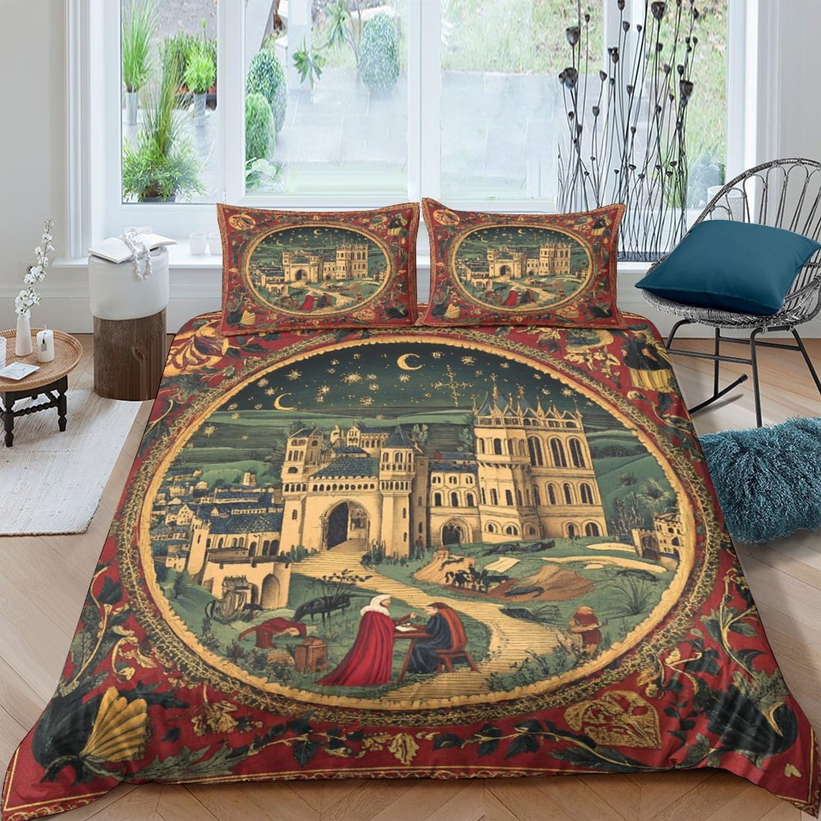 kaiyun Medieval Style 3D Printed Duvet Cover Microfibre for Kids Teens Adults Calendar Frame Soft Quilt Covers Easy Care Bedding Sets with Pillowcase Double（200x200cm）