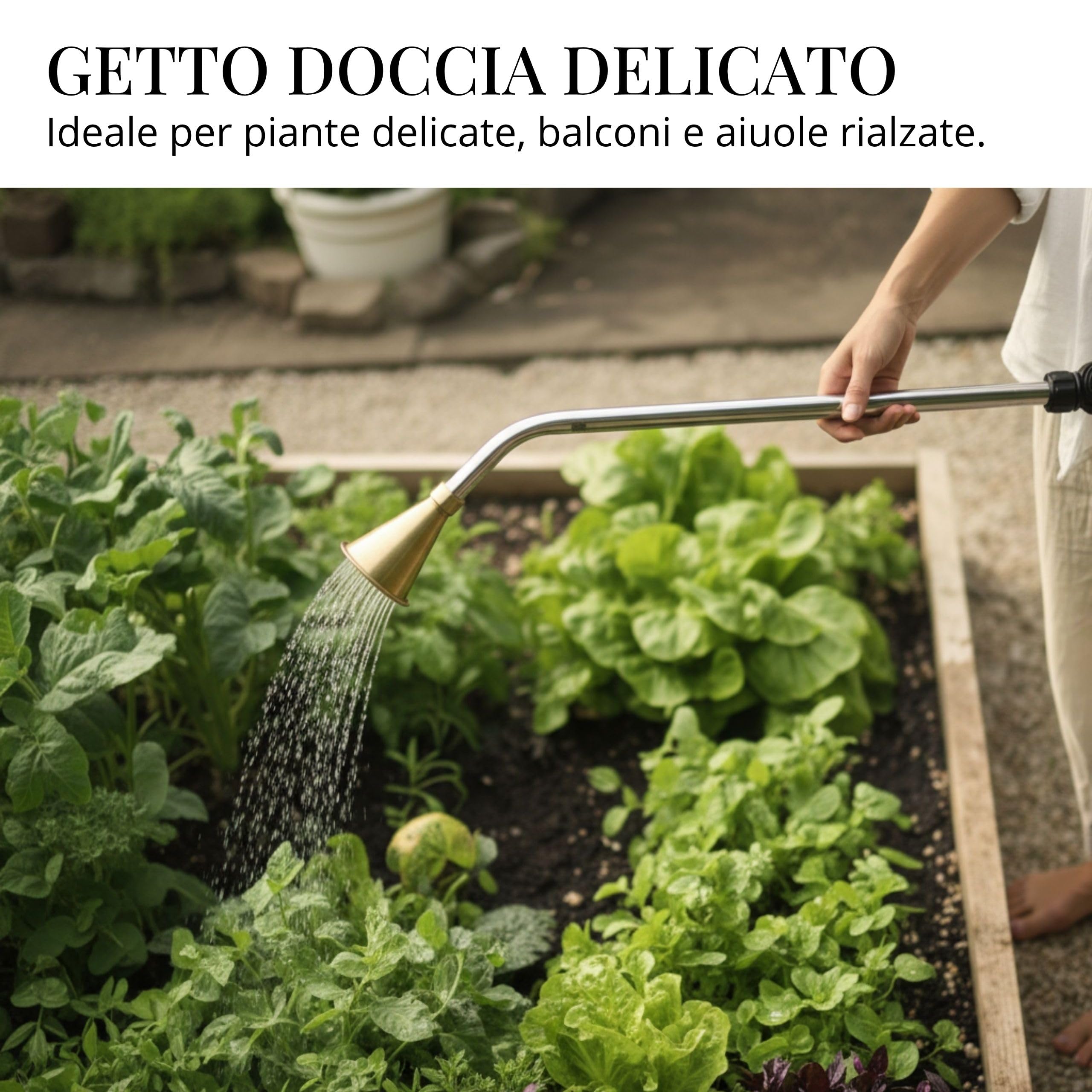 LIVLIG - Asta per irrigazione in metallo, professionale, made in Italy, asta lunga per giardino e balcone, interruttore on/off e doccetta da giardino rimovibile, sistema di irrigazione a scatto da 1/2
