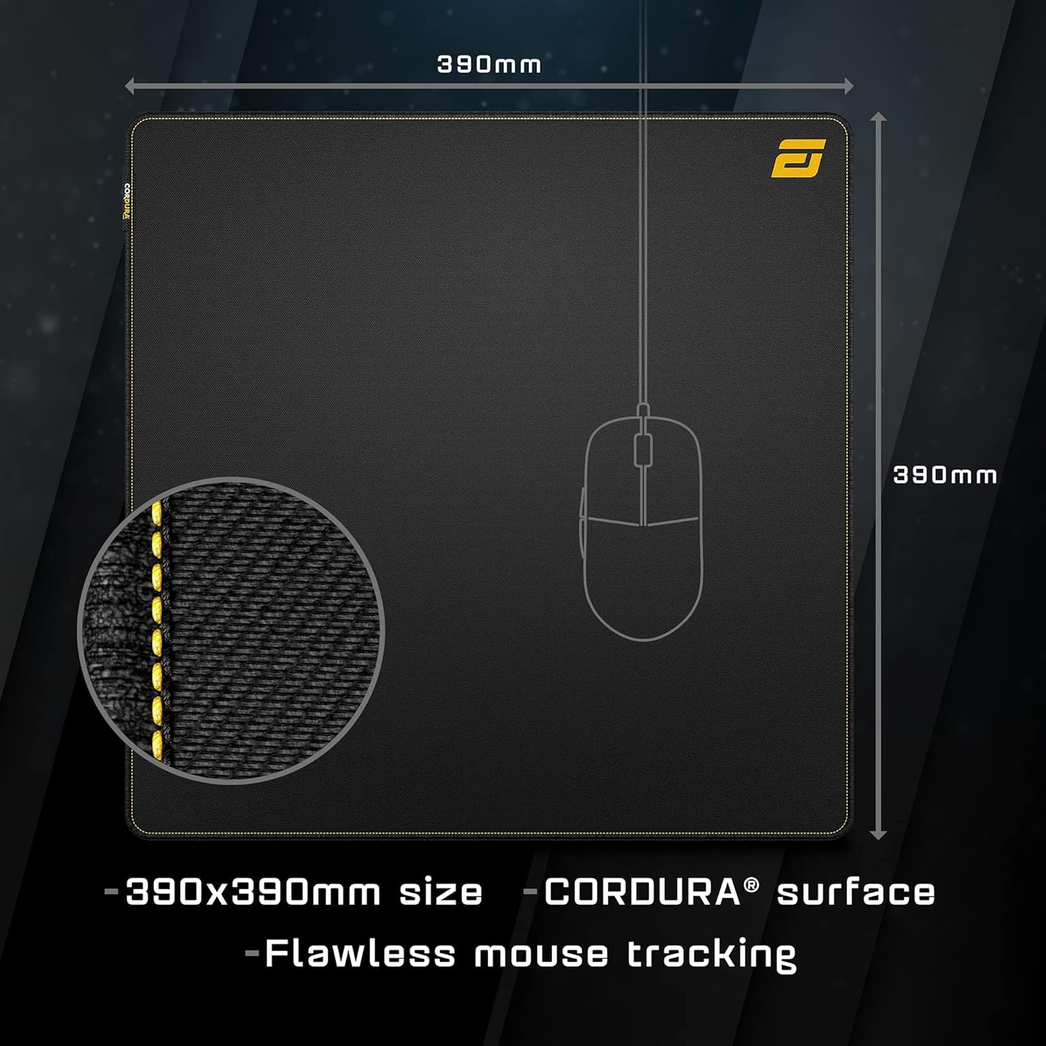 ENDGAME GEAR MPX390 Non-Slip Gaming Mouse Pad; Combination of Silicone and Cordura; 390x390x3mm; Provides Excellent Gliding Properties for All Mouse Types; Black/Yellow