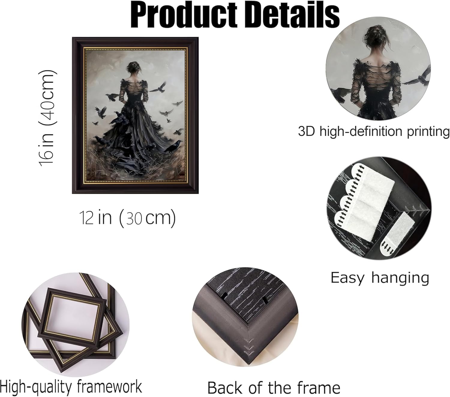 Dark Brown Framed 3D Texture Dark Academia Wall Art Gothic Raven and Woman Painting Picture Wall Decor Victorian Back Women Poster Print Artwork for Living Room Bedroom Home Decoration