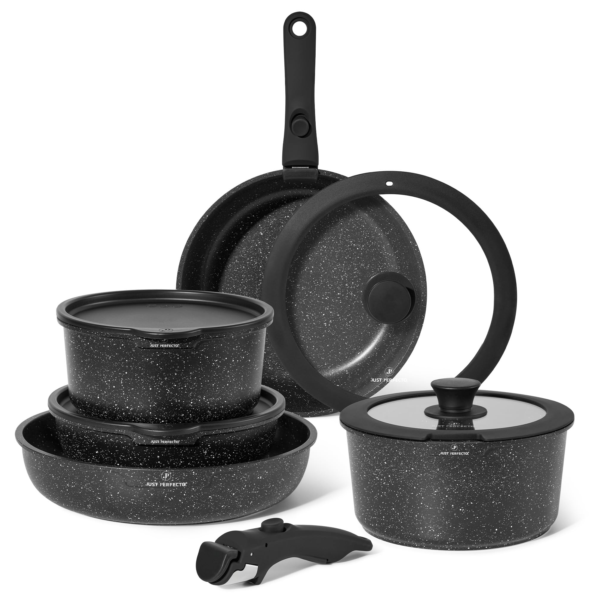 Just Perfecto Batterie de Cuisine 11 Pièces Poignée Amovible JL-998, Noir | poêles et casseroles, sauteuse, revêtement antiadhésif, poignée amovible, compatible induction
