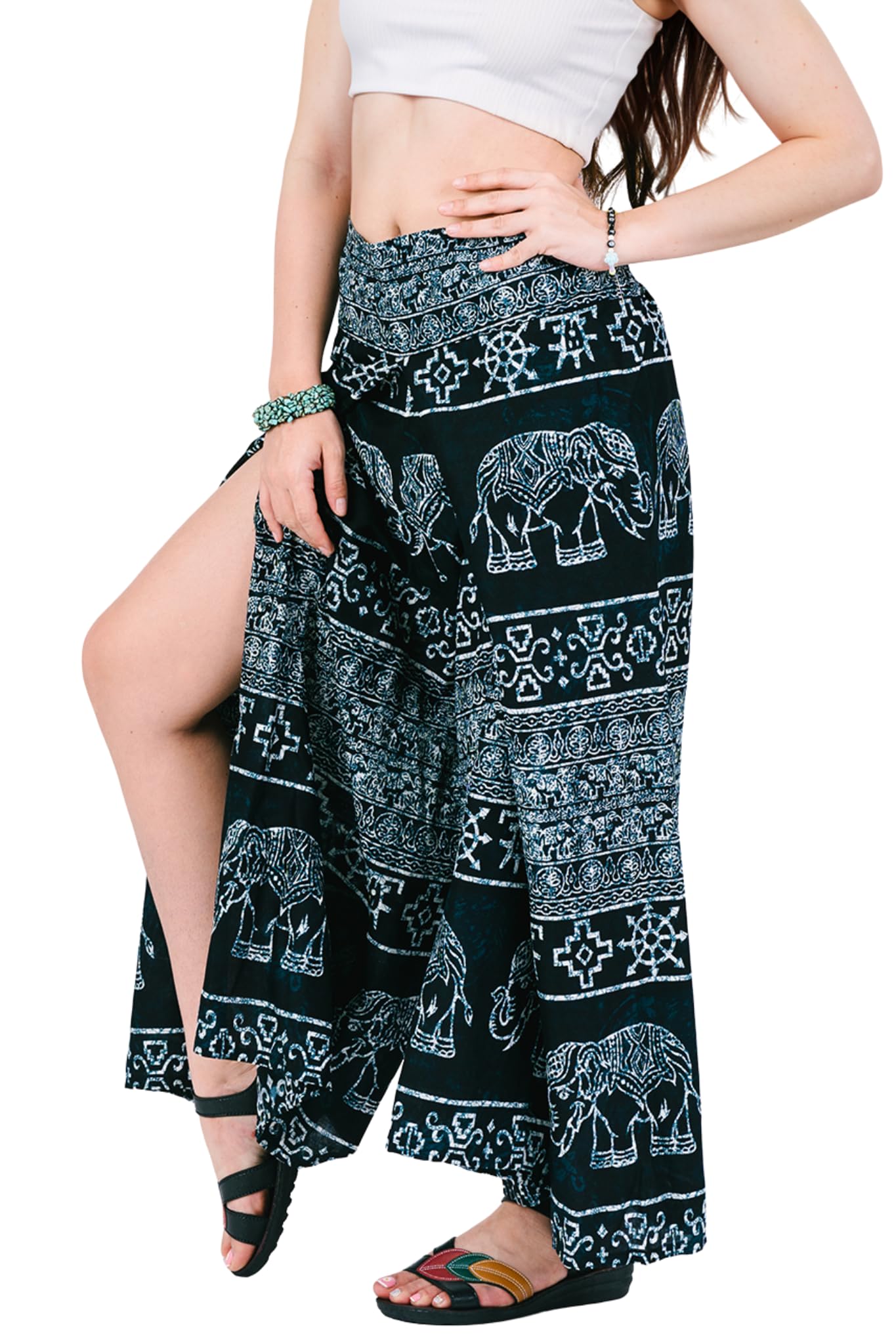 Your Cozy Women's Elephant Aegean Wrap Pants For – Bohemian Elephant Split Leg Harem Pants High Waist Lightweight Palazzo Hippie Festival Lounge Trousers (Elephant Aegean_l)