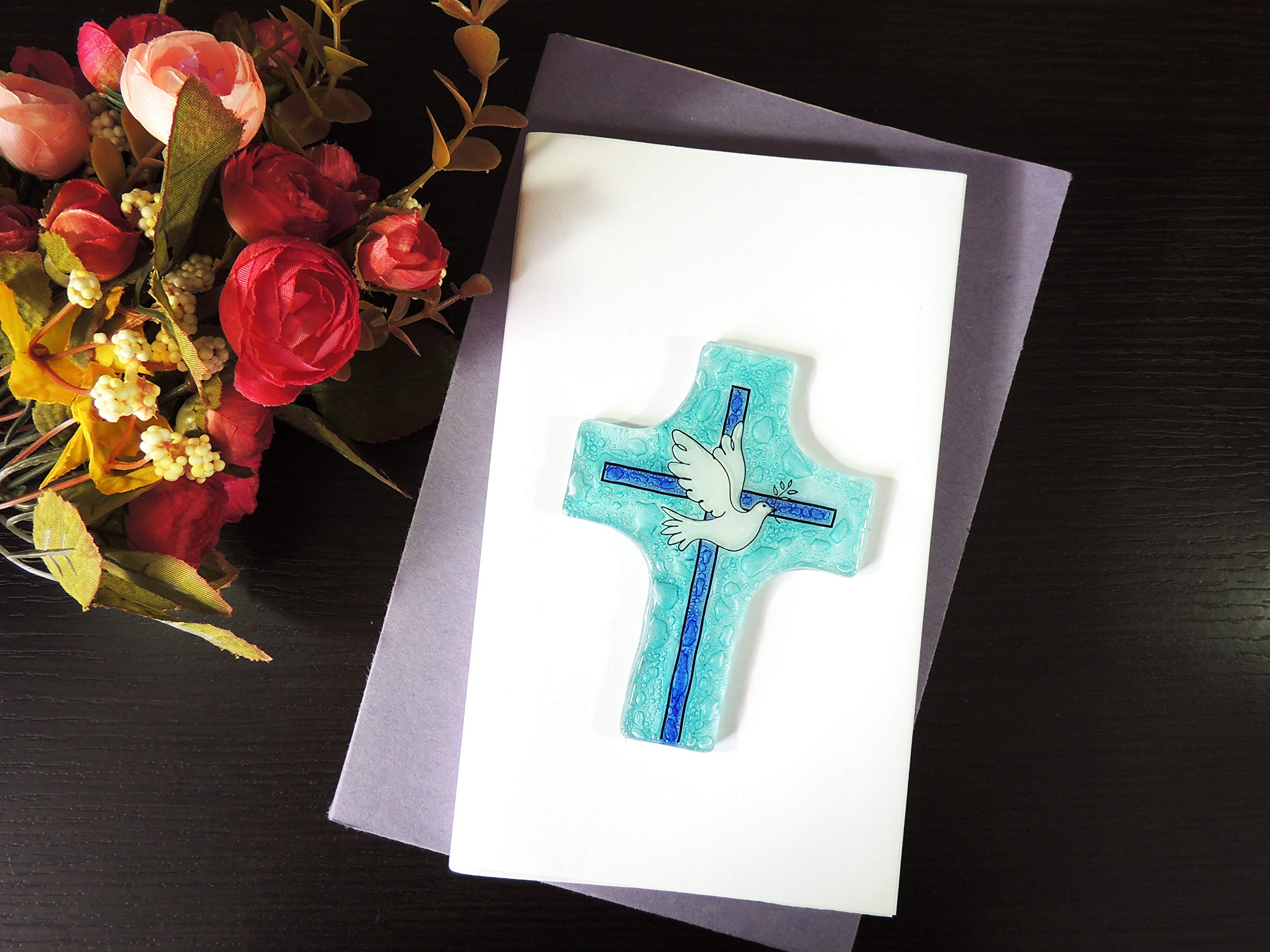 Bolla Glass Art - White Dove Cross - Handmade Fused Glass Wall Hanging, 4 x 2.9-Inch Christian Home Décor, Peace Symbol, Memorial Gift, Baptism Ornament, Unique Artisan Craft