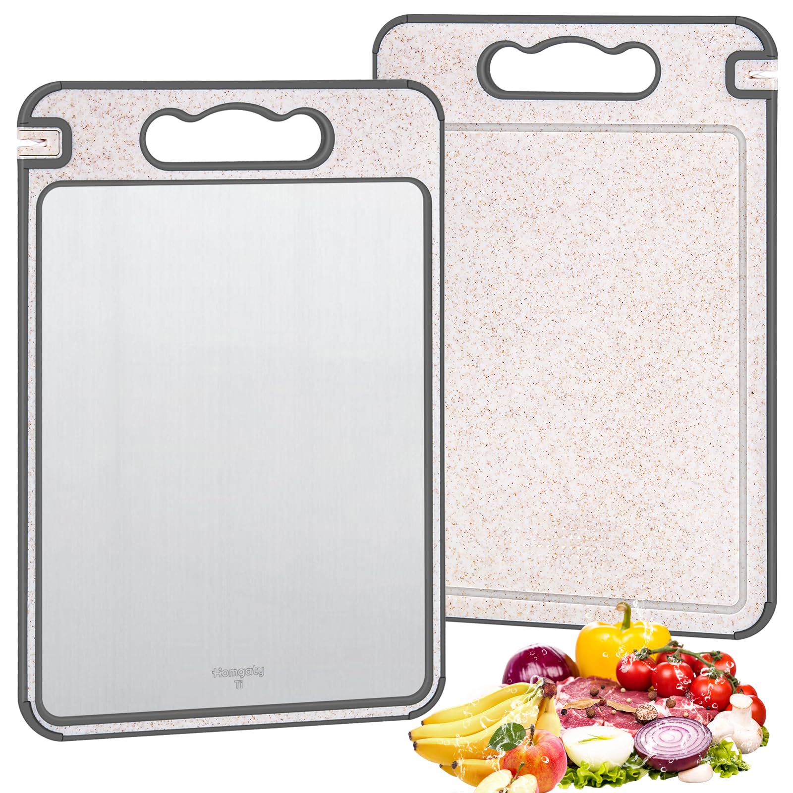 Homgaty Schneidebrett Titan - Doppelseitiges, Antibakteriell, BPA-frei | Großes 36,5 x 24,8 cm Küchenbrett, Langlebig, Rutschfest | Titanium Cutting Board für Fleisch, Brot, Gemüse & Obst