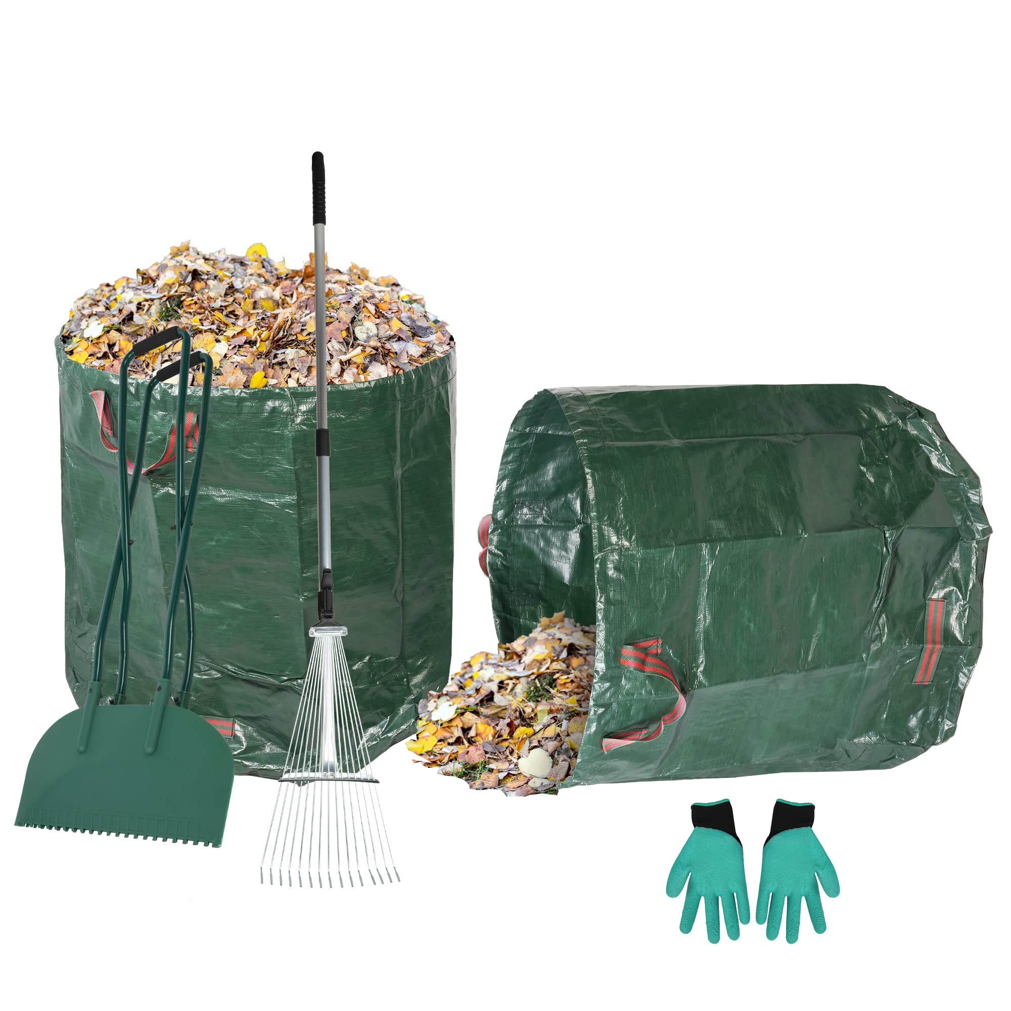 LUCKYMORE Metal Leaf Rake Set, Comes with Large Leaf Scoop, 2 Garden Bags, 1 Pair Work Gloves, Leaf Clean-Up Tool Ideal Camp Rake for Debris and Yard Waste Removal (Green)