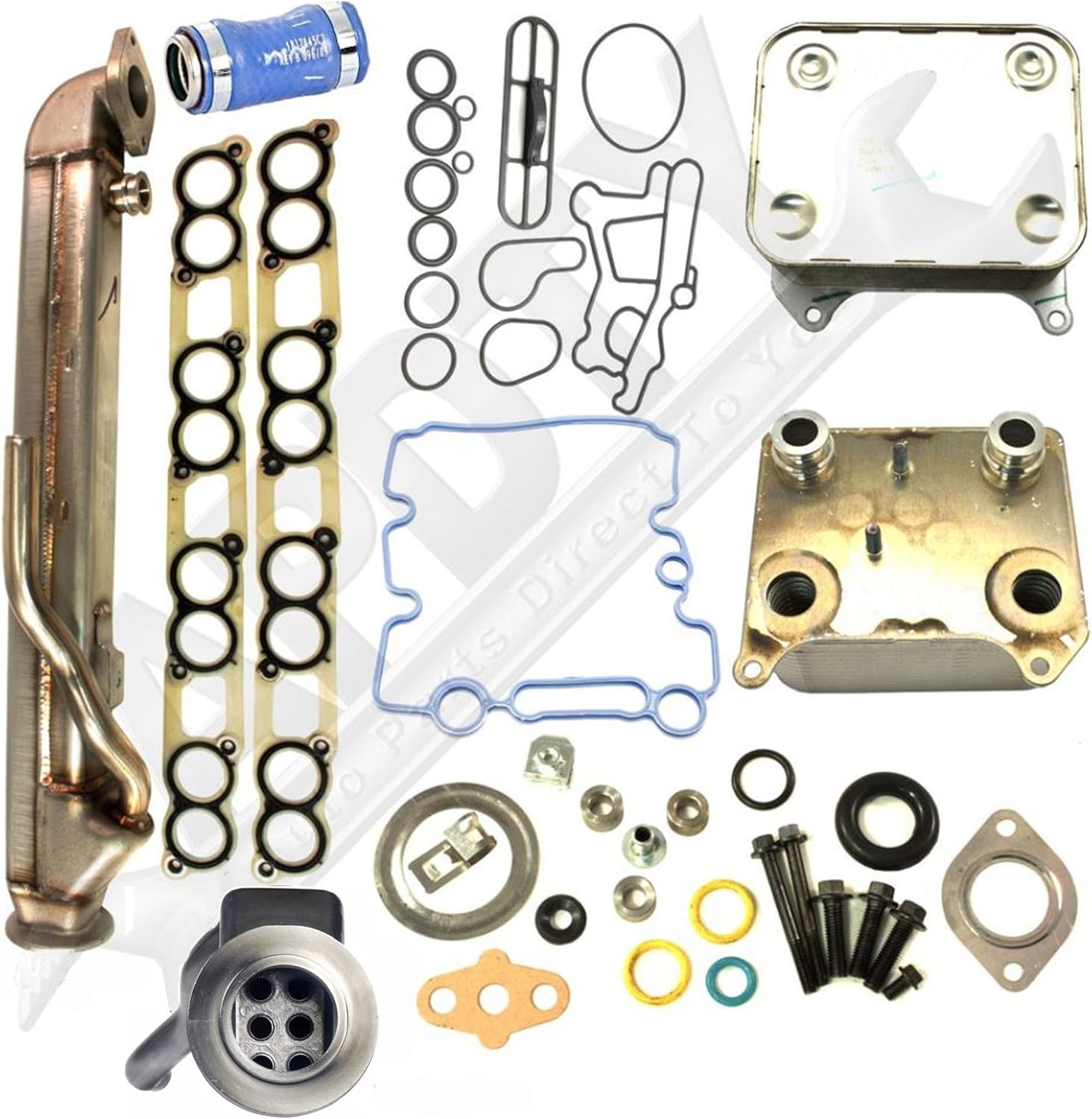 APDTY 015373 & 015339 Engine Oil Cooler & Upgraded EGR Gas Cooler Kit Includes Turbo & Intake Manifold Gaskets Replaces 4C3Z9P456AF, 3C3Z6A642CA