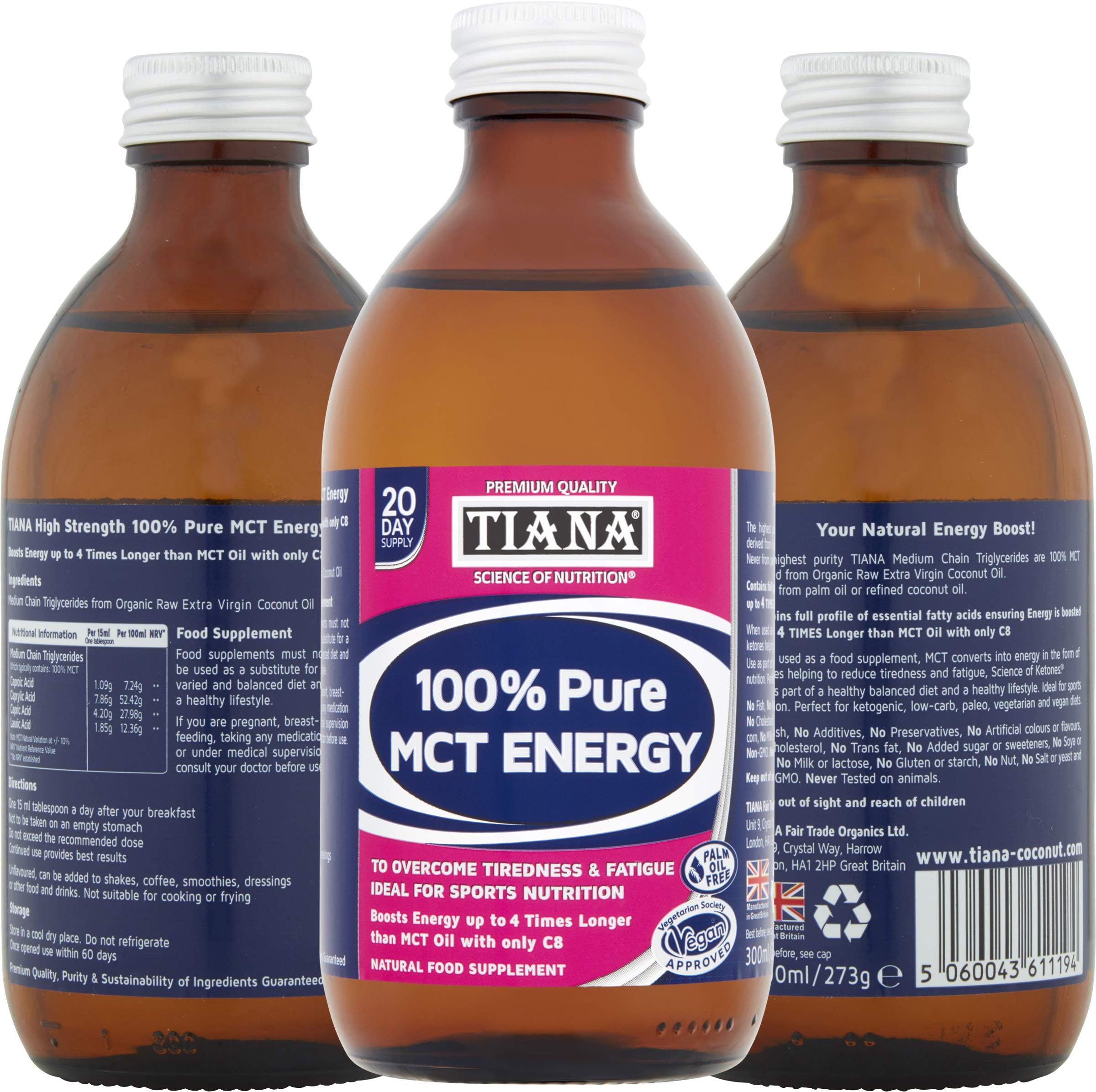 Organic MCT Oil 300ml – 100% Pure Coconut Oil MCT (C6, C8, C10 & C12) – Odourless Keto Energy Oil – Vegan, Palm-Oil-Free & Fairtrade – TIANA