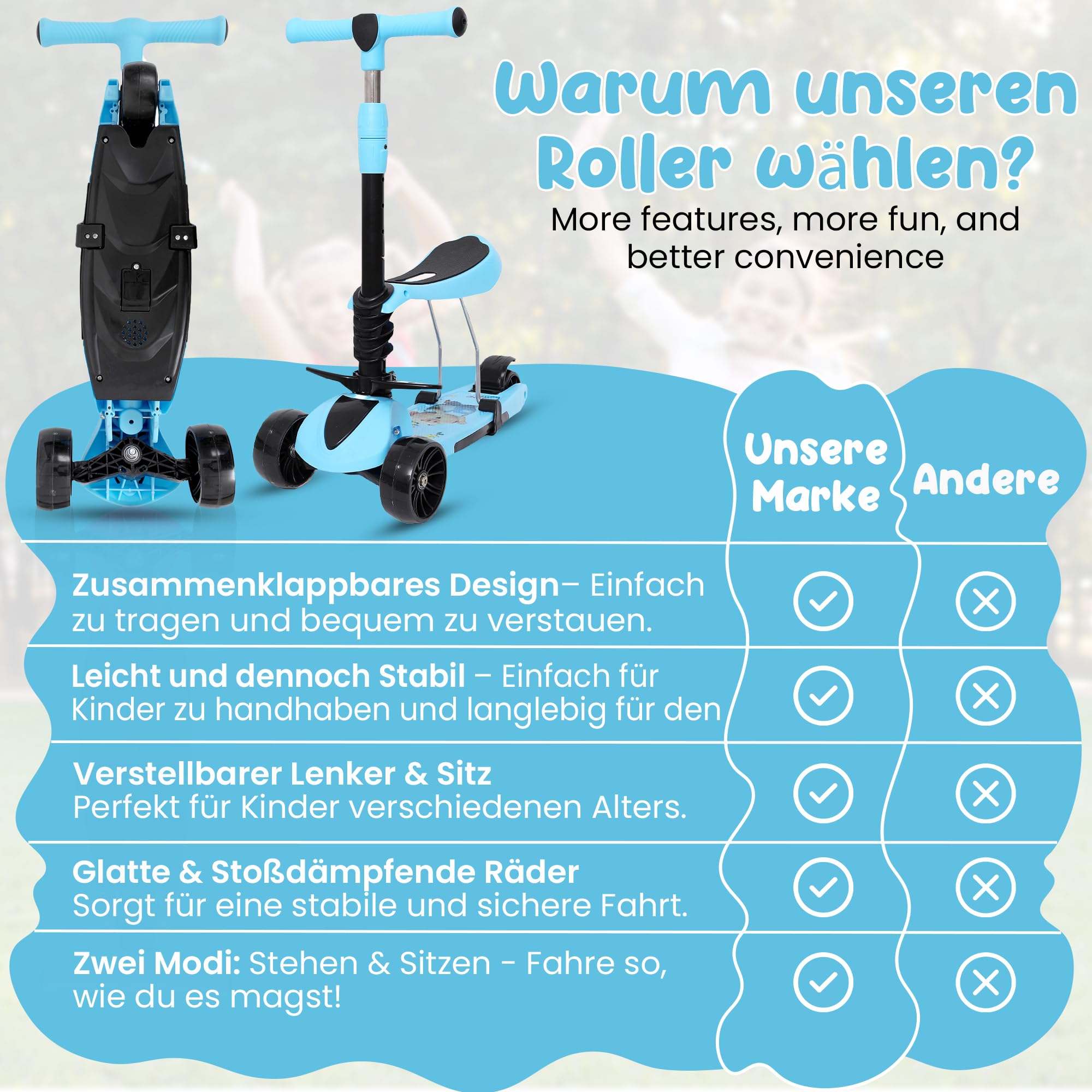 Habib 3-in-1 Kinderroller mit Sitz - Dreirad Tretroller, Faltbar, Höhenverstellbar, LED Räder, Kinderroller ab 3 Jahren (Bis 50kg)