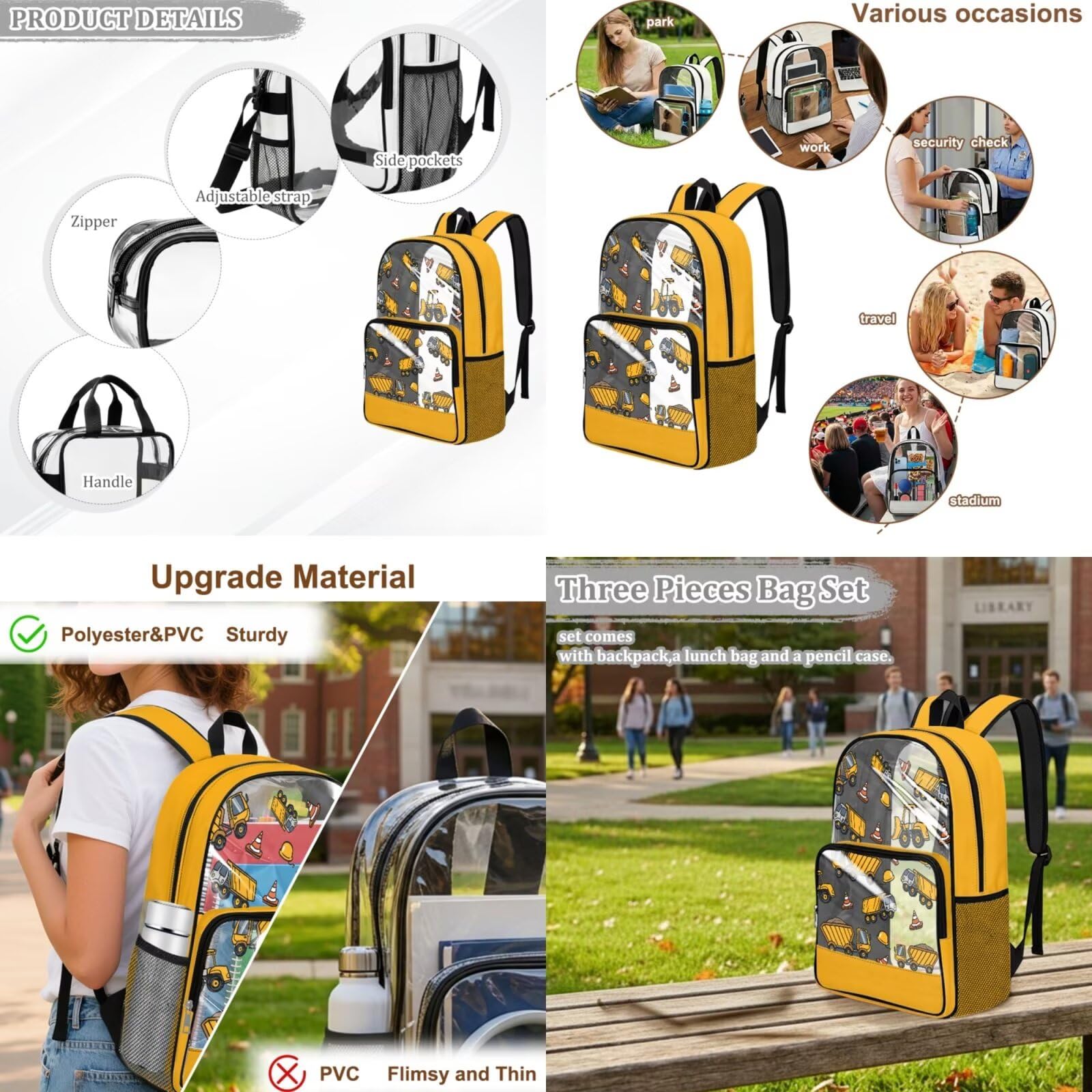 COEQINE Zaino trasparente da 4 pezzi per ragazzi 8-12 bambini borsa per libri scolastici con astuccio in PVC grande scatola per il pranzo Bookbag portachiavi, Costruzione Auto Giallo