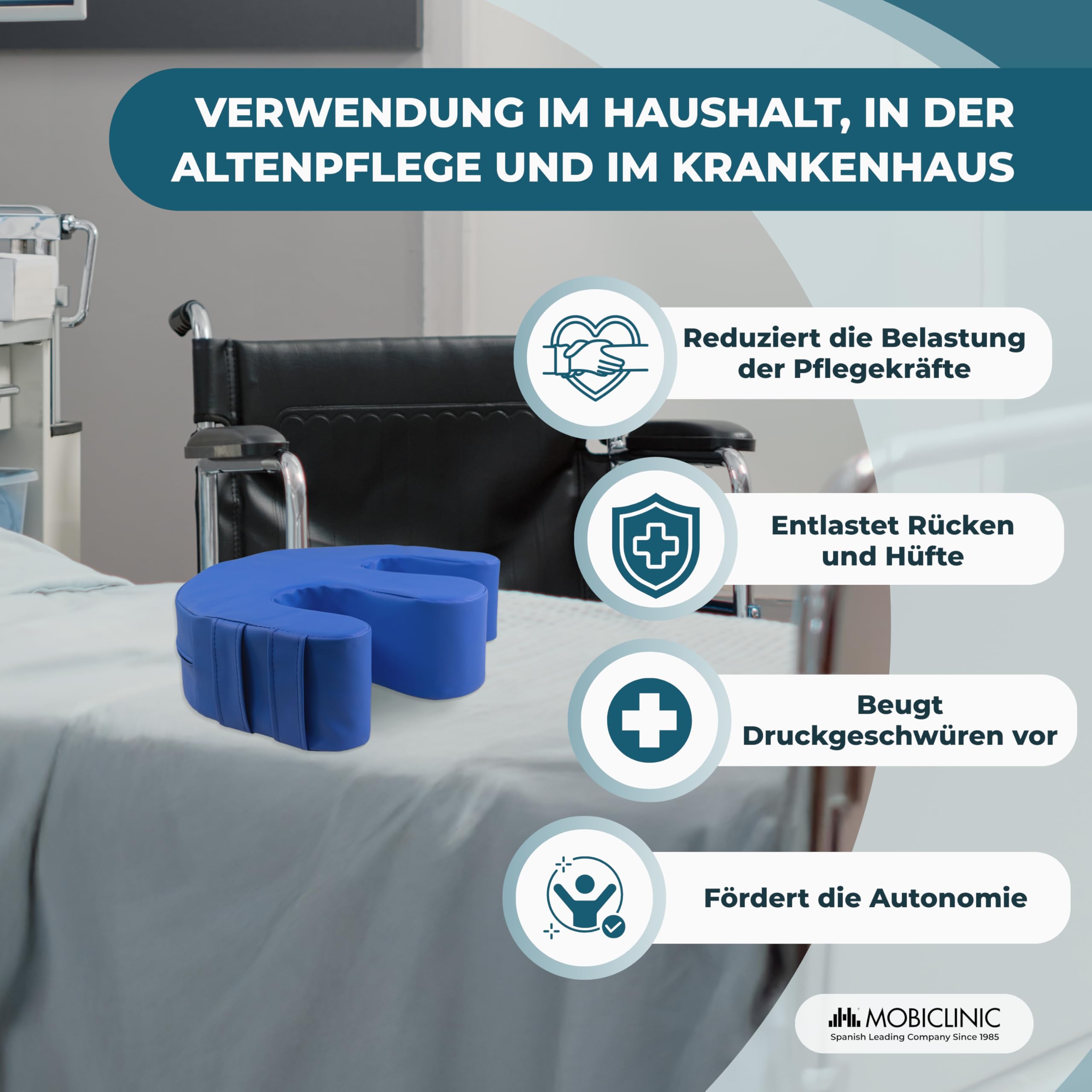 Mobiclinic®, Drehvorrichtung für Patienten, Dekubitusprophylaxe, Schaumstoffkern, Griffe für Umlagerung, U-Form, Abnehmbarer wasserdichter Bezug, rutschfest, 50x40,5x12 cm, 100 kg, Folk