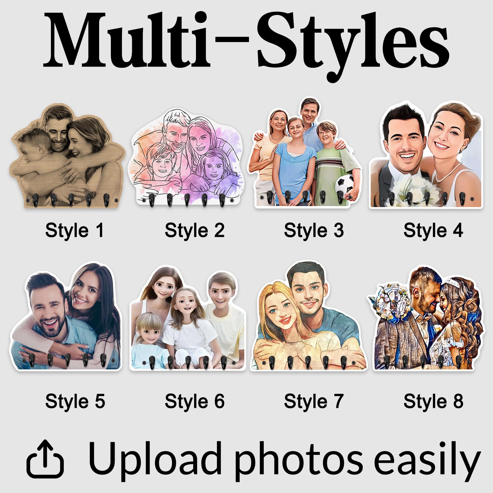 Personalized Key Holder for Wall Custom Photo Wooden Key Rack Hanger, 5 Metal Hooks Customized Picutre Frame Key Holders Wall Mount Gifts for Housewarming Birthday Christmas Valentine's Day