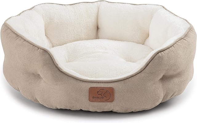 Bedsure Large Cat Bed Washable - Cat Bed for Indoor Cats and Kitten, Small Cat Bed Sofa with Slip-Resistant Bottom for Puppy Dogs, Round, Camel, 51x48x15cm