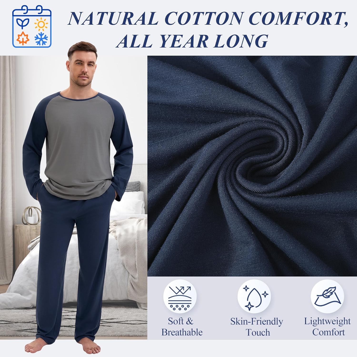 Mens Pajamas Set Comfy Pj Sets Long Sleeve Pajamas Cotton 2-Piece Loungewear Nightwear with Pockets - Image 3