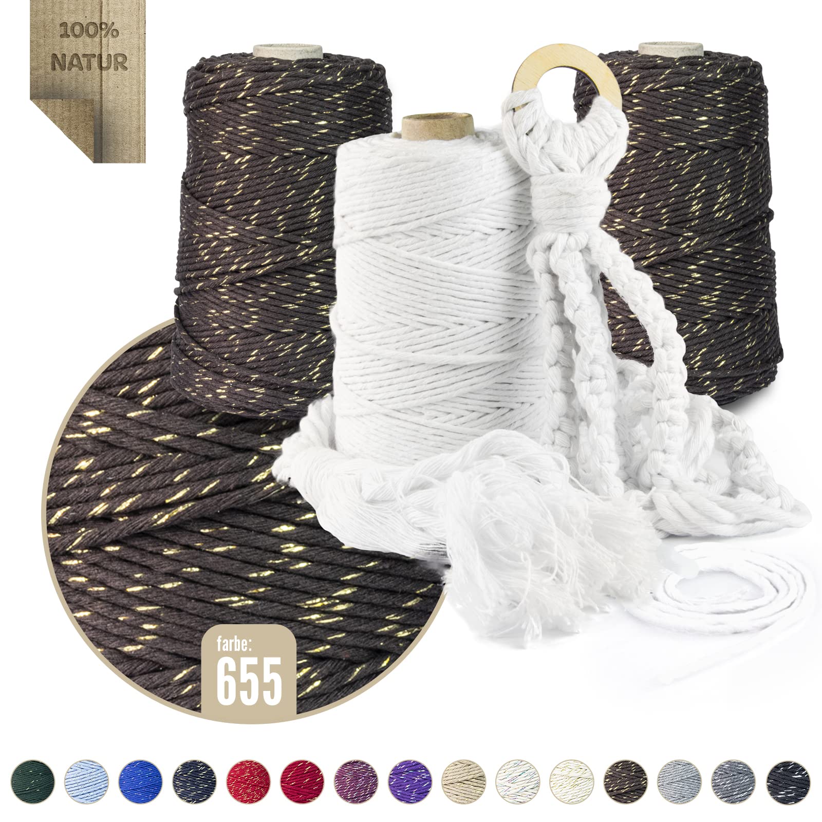 Filato Makramee, 1000 m, 3 mm, marrone con filo dorato, 100% cotone, corda naturale, filo di cotone di cotone, per decorazioni fai da te