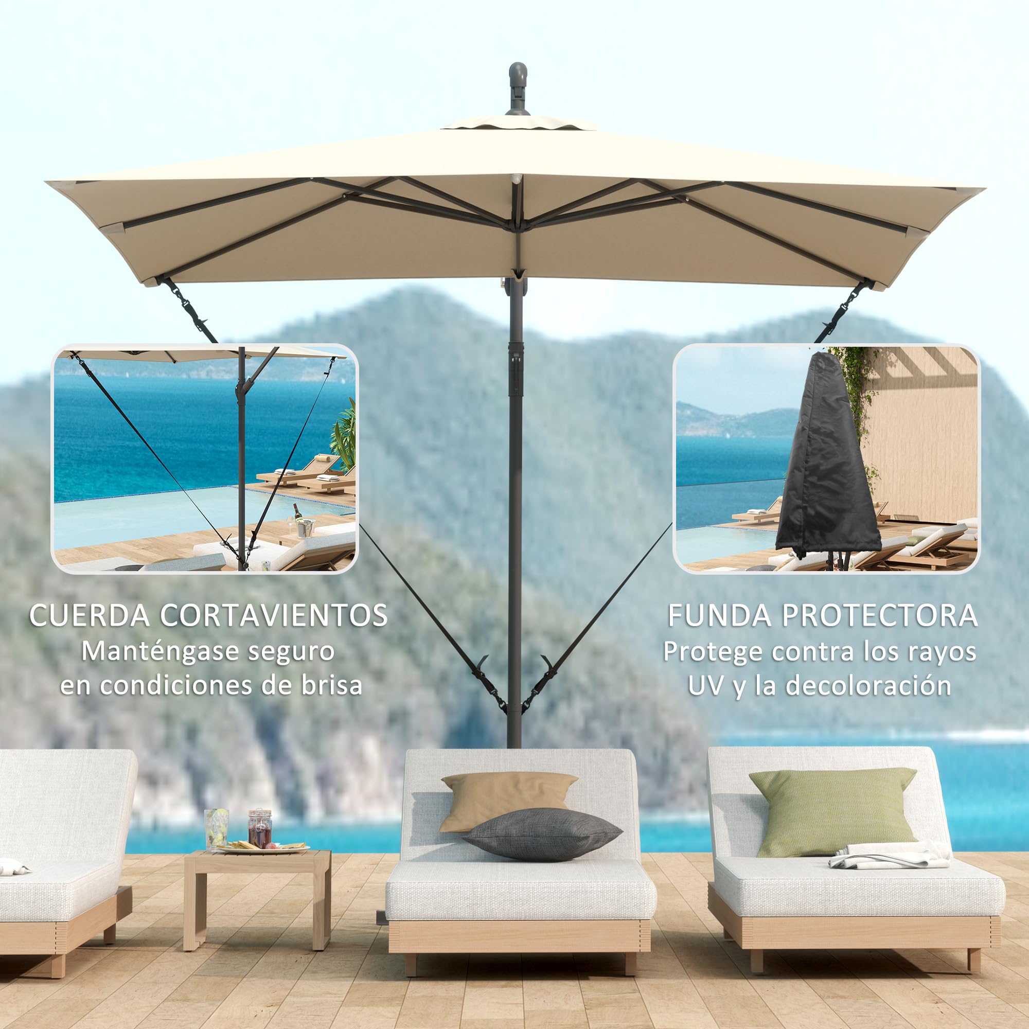 Outsunny Parasol Excéntrico 247x247 cm Base Cruzada Anti-UV 50+ Caqui | Sombrilla de Jardín, Toldo Giratorio 360°, Manivela, Funda Protectora, Cuerda de Viento, para Terraza Patio