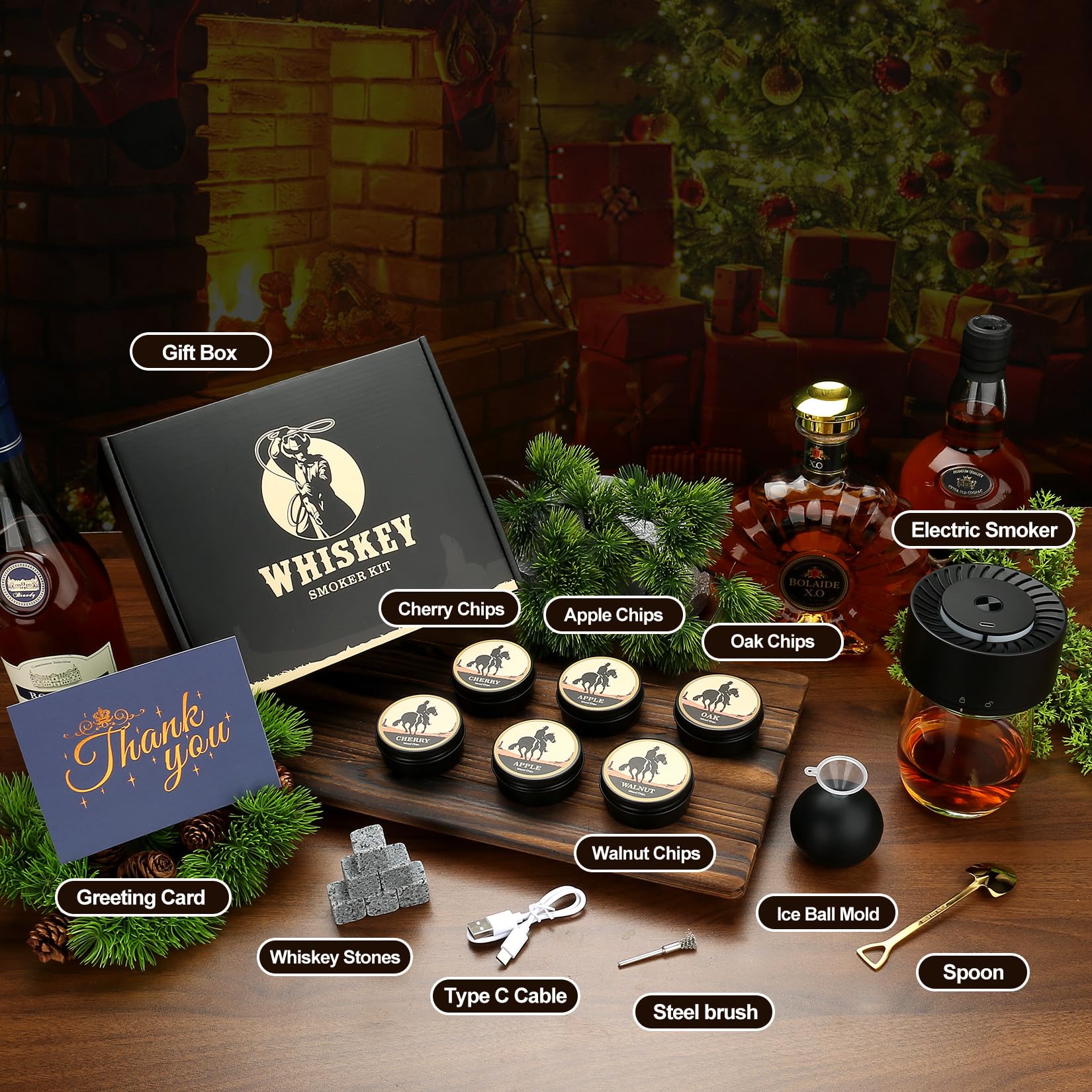 Papa Geschenk, Elektrisches Whisky Smoker Set-6 Holzspänen, 6 Whisky Steine, Eisball-Form, Wiederaufladbare Whiskey Smoker Set, Cocktail Smoker Kit for Husband, Boyfriend
