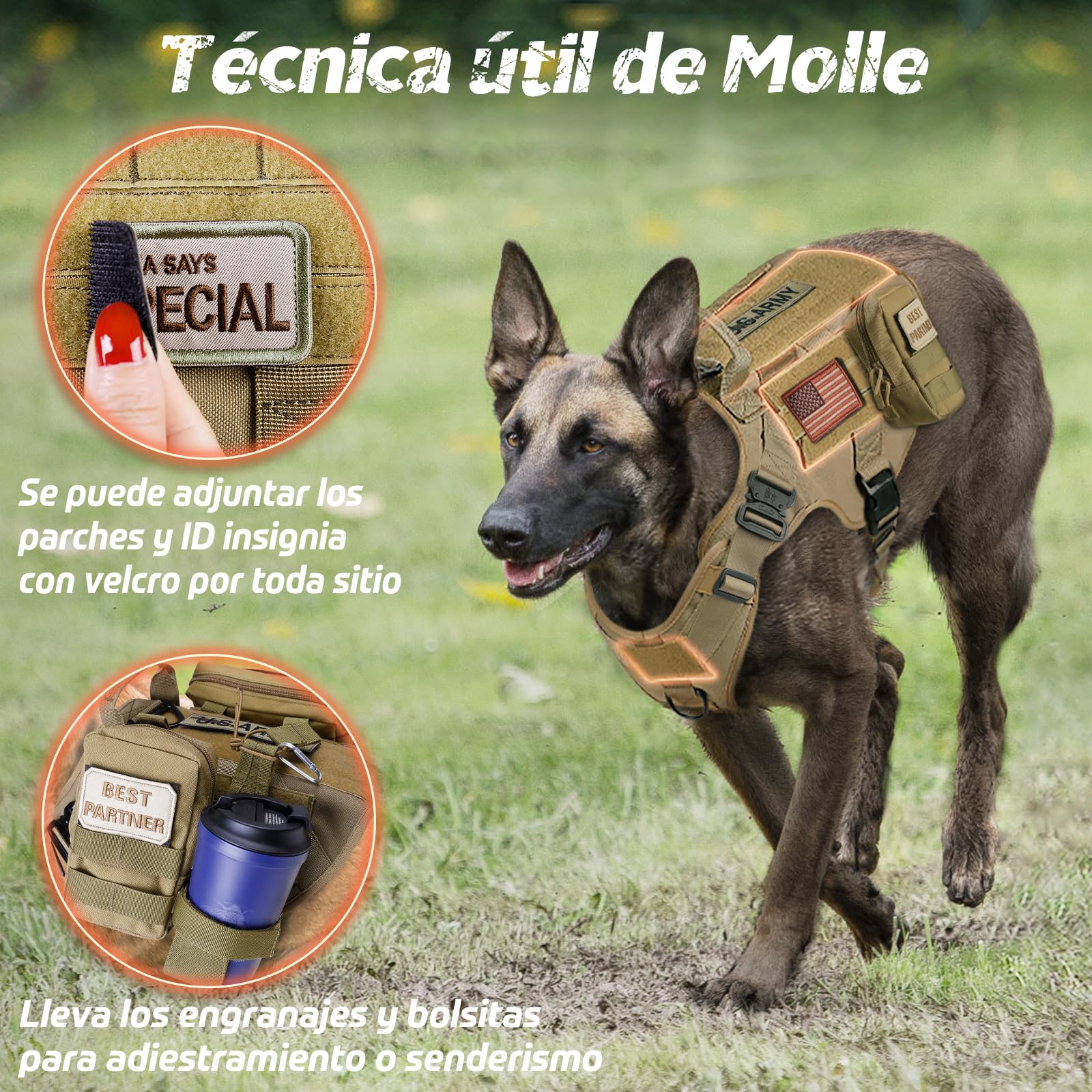 rabbitgoo Arnes Táctico Perro Grande Arnes Antitirones Militar Malla Transpirable Chaleco para Adiestramiento con 2 Anillos Ajustables con Técnica Molle para Adiestrar, Caminar, Cazar Marrón L