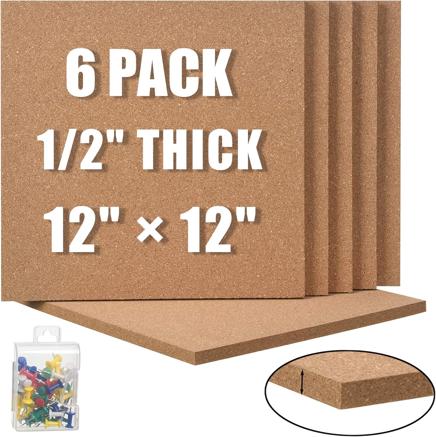 YKingder Cork Board 12"x12" - 1/2" Thick Square Bulletin Boards 6 Pack Cork Tiles with 50 Push Pins Mini Wall Self-Adhesive Corkboards Tiles for Wall