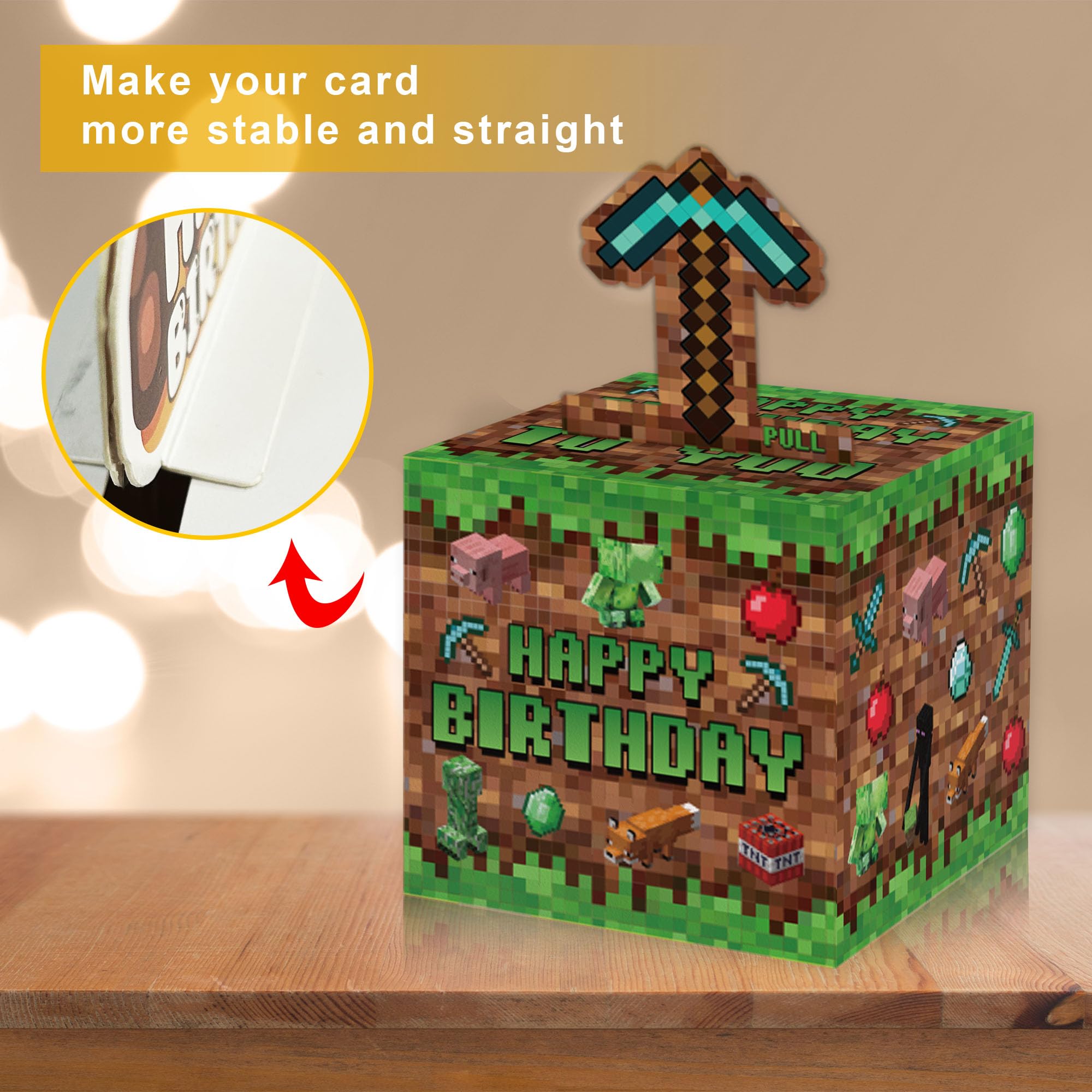 Surprise Money Box Gift Pull for Game Lover- Pixel Game Happy Birthday Money Box for Cash Gift Set Included Happy Birthday Card and 35 Pcs Transparent Bags, Fun Birthday Gift for Women Men