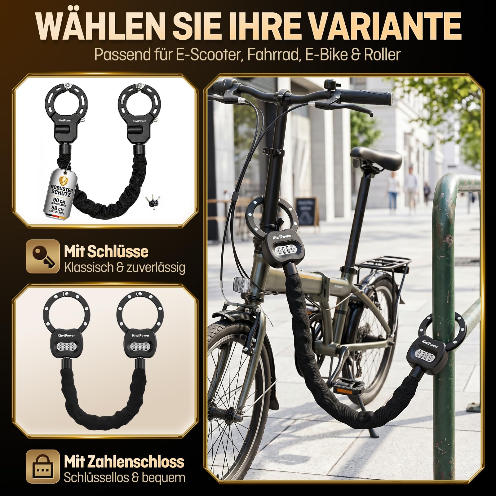 E Scooter - Candado con código numérico (90 cm) | 10 cm de apertura de cadena de acero de 8 mm para patinete eléctrico, bicicleta y bicicleta eléctrica