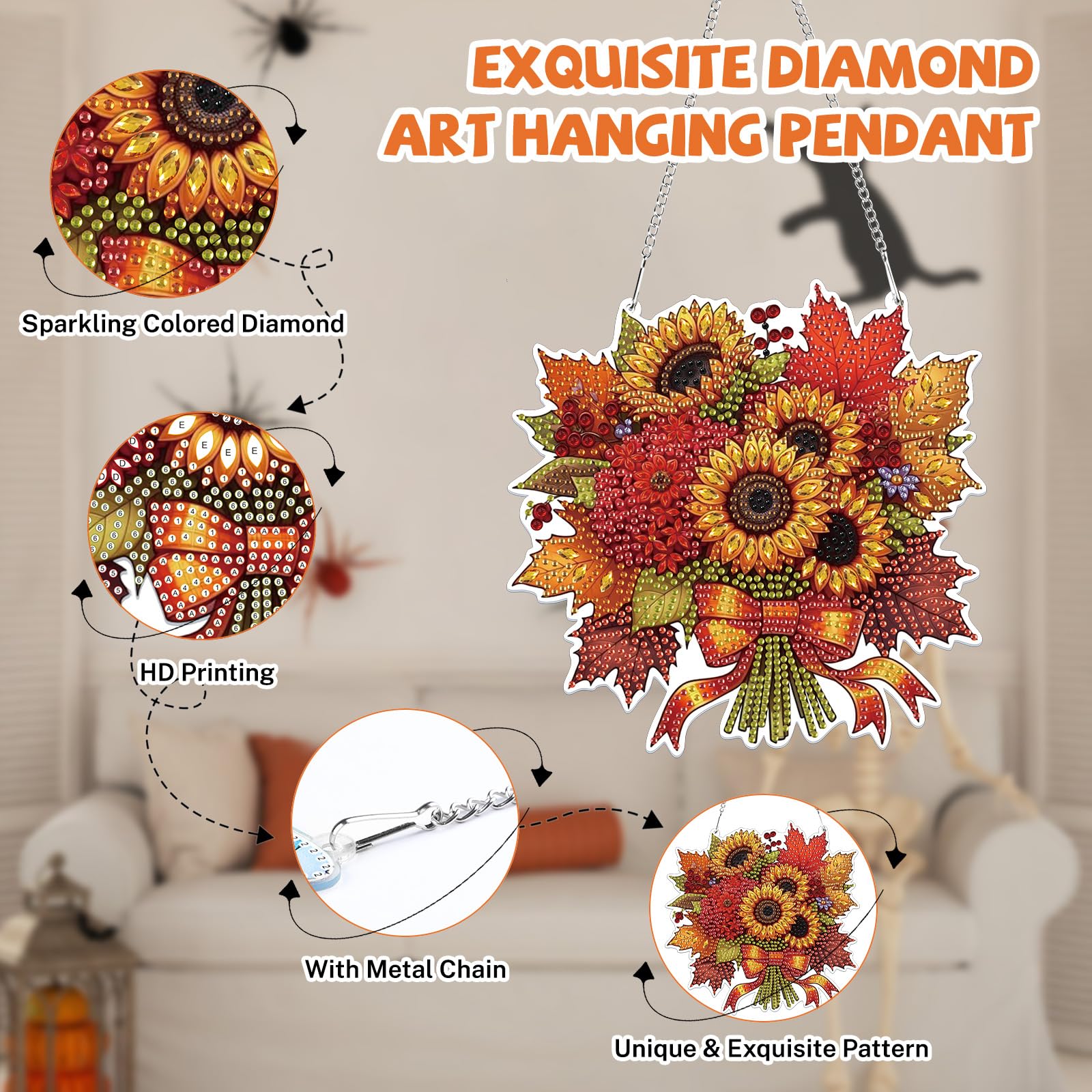 Lxmsja Flowers Diamond Art Hanging Ornaments with Chain for Adults Kids Special Shaped Halloween Diamond Painting Pendant Kits - Image 3