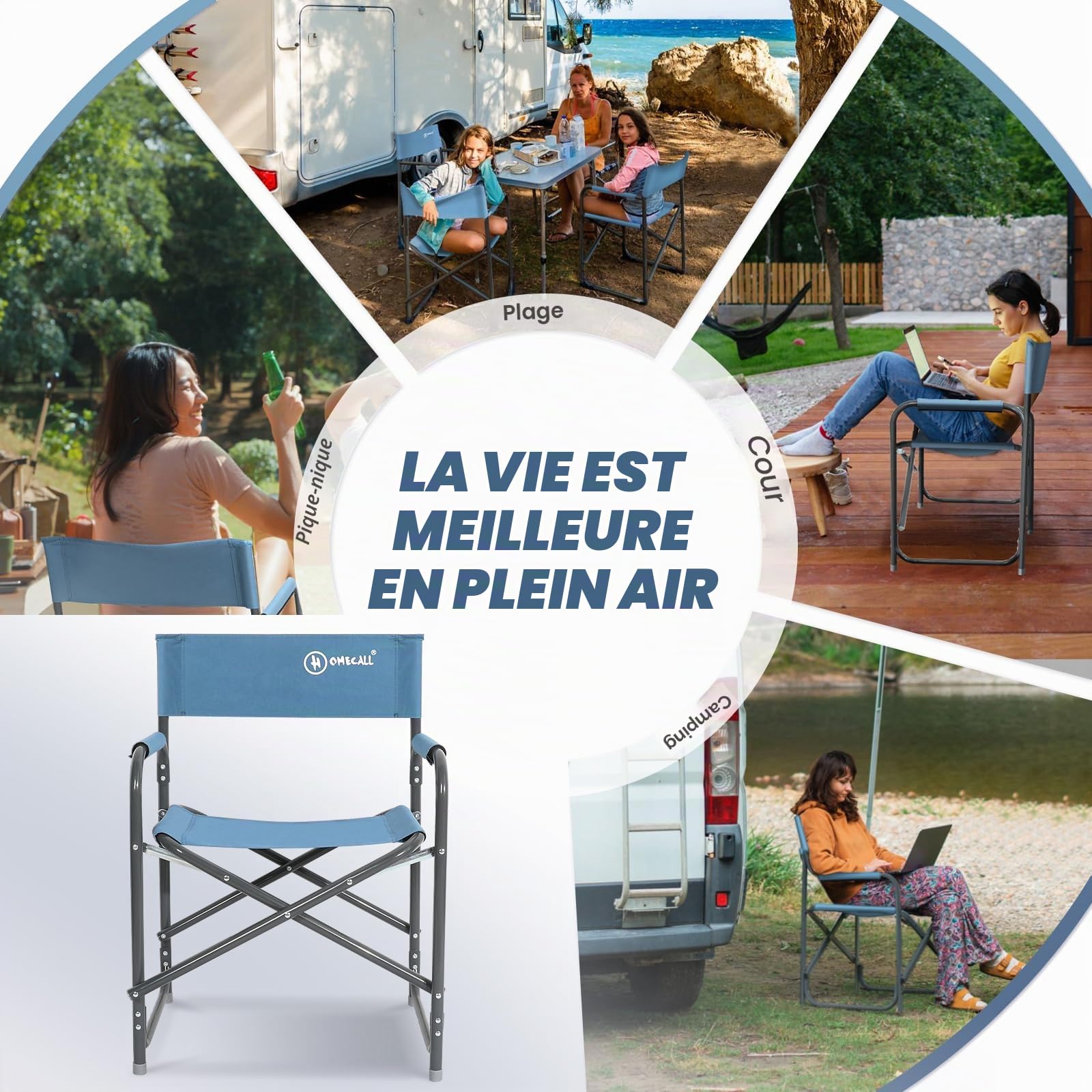 Homecall Chaise de camping pliable en aluminium avec dossier (Bleu)