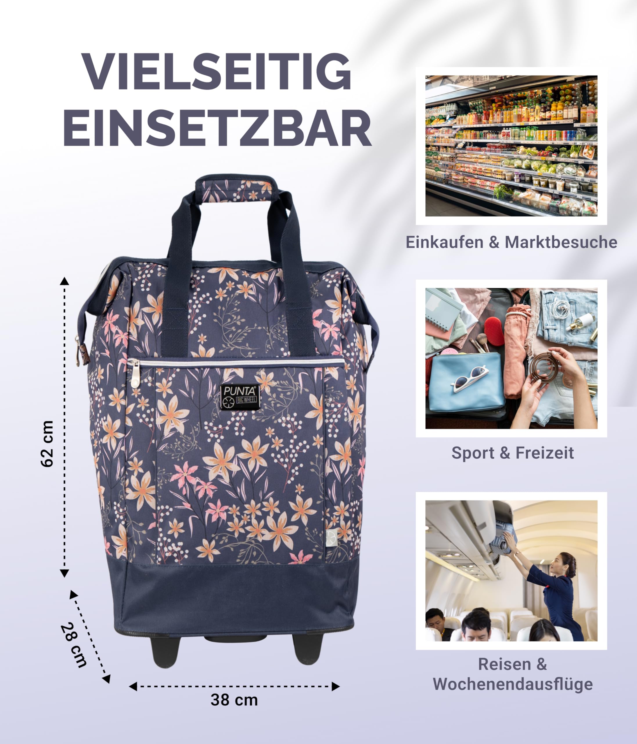 Punta® Einkaufstrolley Big Wheel 40L | großer & Stabiler Einkaufsroller mit XL-Rädern | leise & leichtgängig | Einkaufstrolley modern & vielseitig für Einkauf & Transport – Pflaume