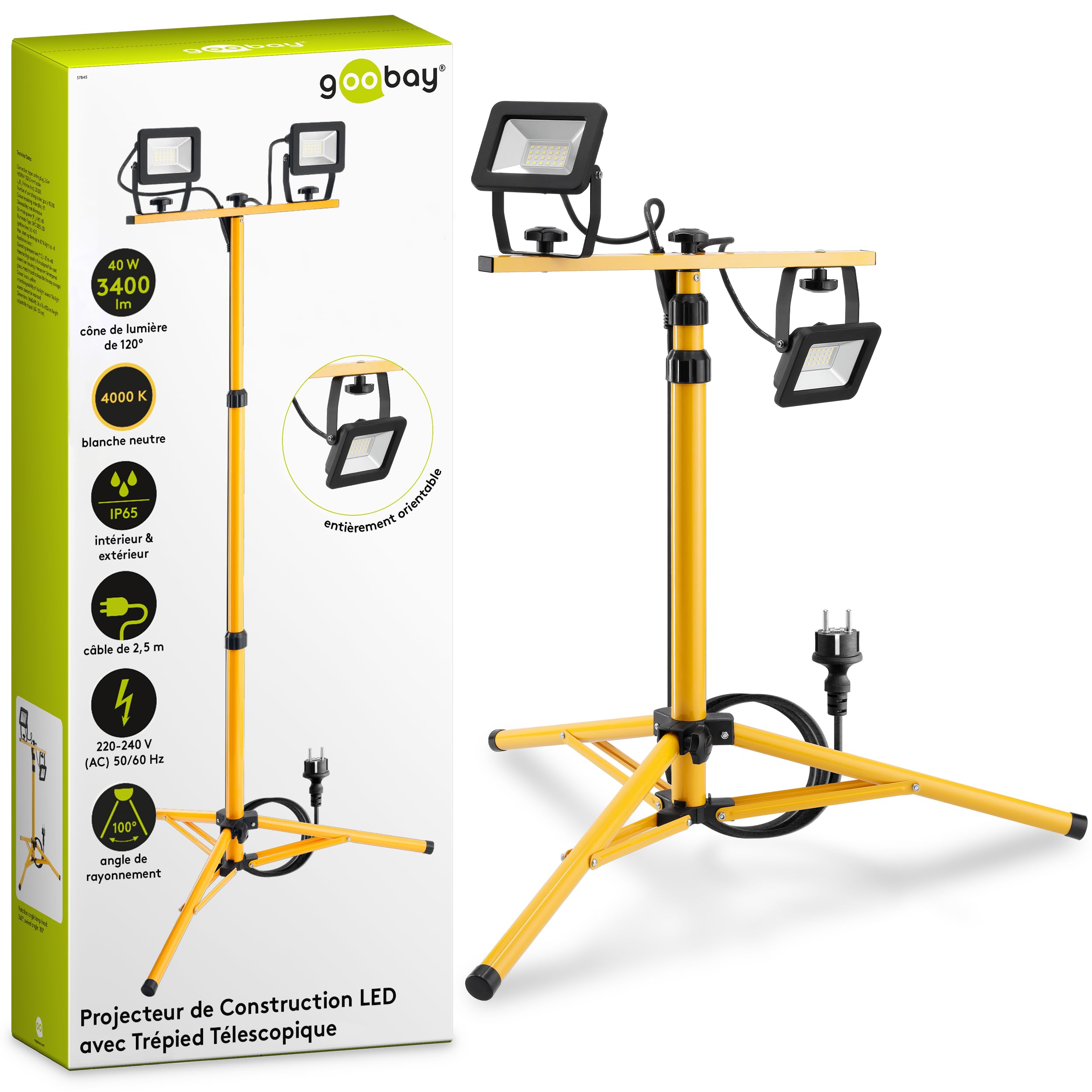 goobay 57845 Projecteur de chantier LED sur pied télescopique 2 x 20W / 3400lm / Lumière blanc neutre - 4000K / Pour l'intérieur & l'extérieur - IP65 / Noir/Jaune