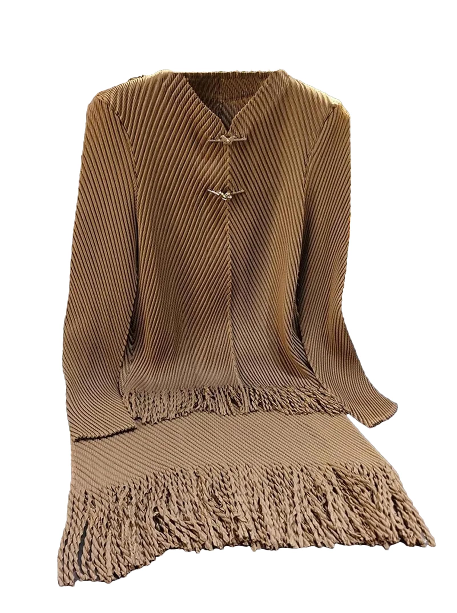 Conjunto de falda plisada de 2 piezas con borlas para mujer, manga larga, botones de metal, parte superior de alta elasticidad + falda midi acampanada