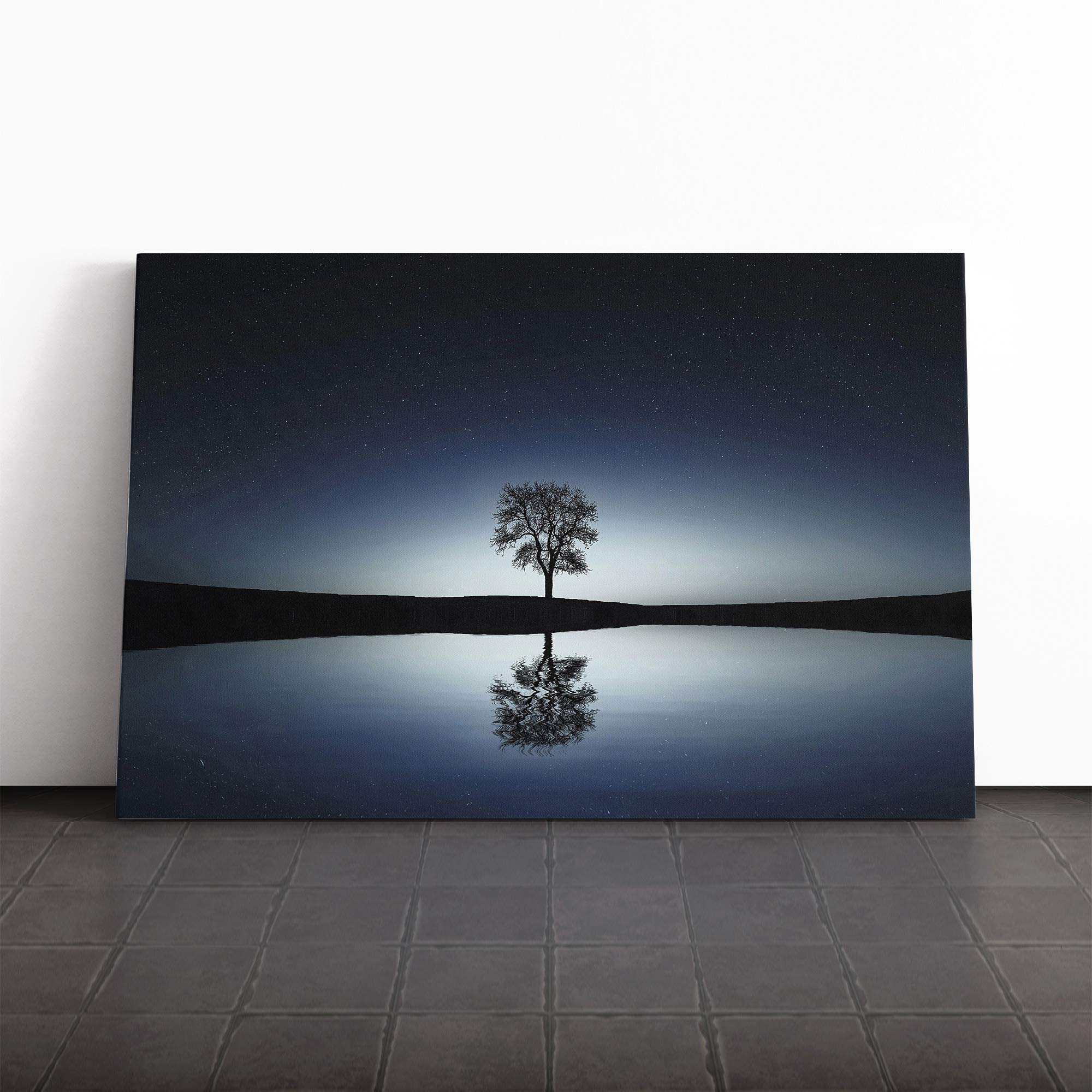Landscape Lake Dusk Lone Tree (2) Canvas Print | Gallery Wrapped 30mm Frame Wall Art | 20x14 inches | Ready to Hang | Modern Landscape Picture | Living Room Bedroom Lounge Office