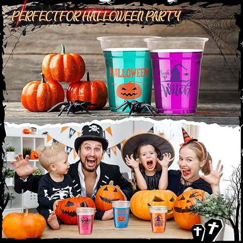 Miniatura 5 de Meanplan 90 vasos de plástico para fiesta de Halloween de 12 onzas desechables transparentes con estampado aterrador para licor, café, jugo y
