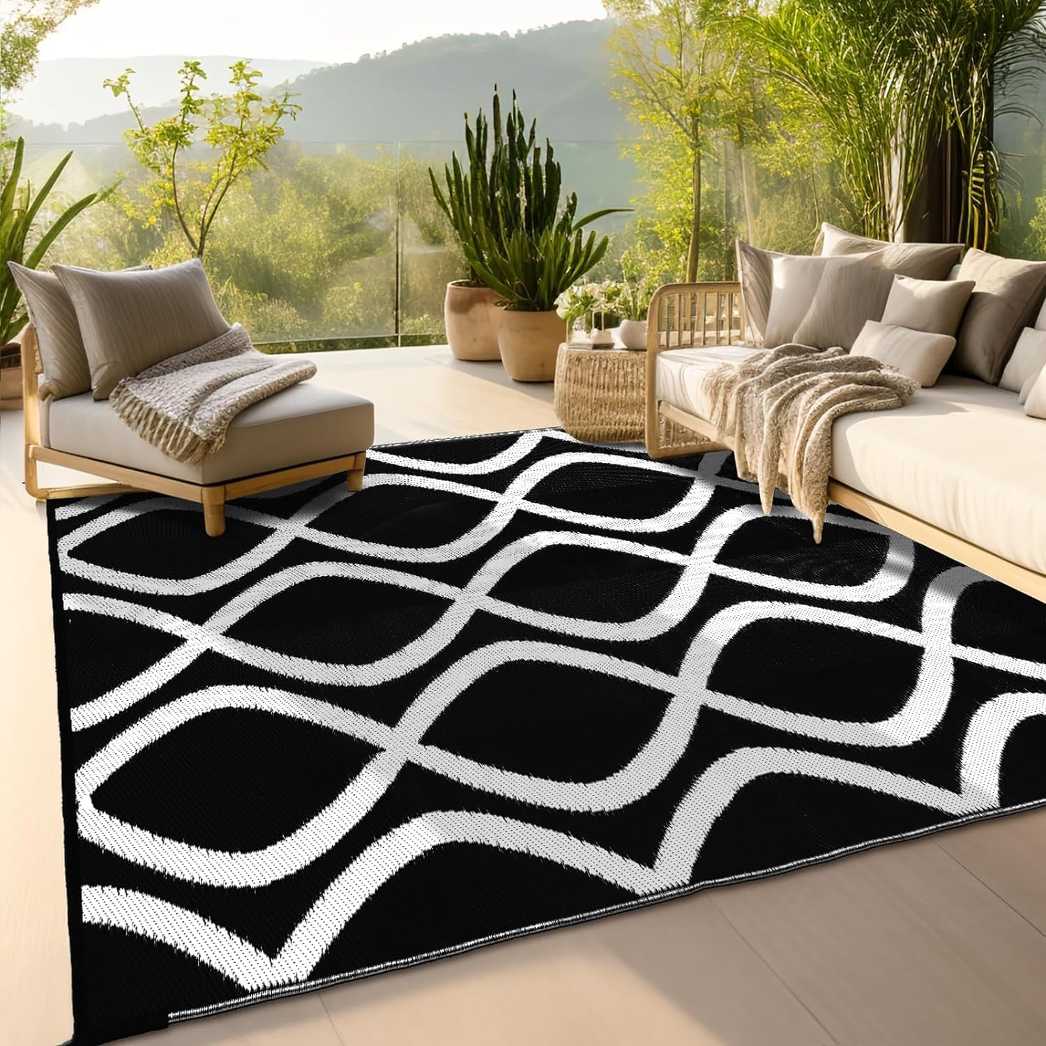 wikiwiki Outdoor Rug, 9x12ft Waterproof Reversible Mat Indoor Outdoor Rugs Carpet, Small Area Rug Plastic Straw Rug for Patio Deck Balcony Pool RV Camping Beach Picnic, Black & White, Rugscape Series
