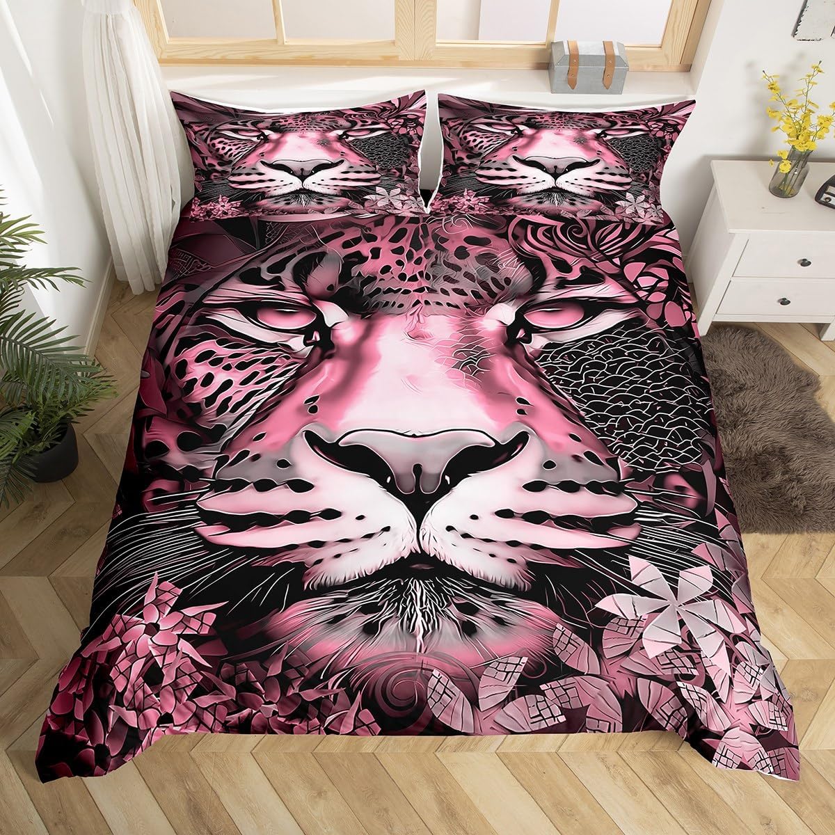 jejeloiu Kids Leopard Bedding Set Cheetah Print Duvet Cover Toddler Size for Boys Girls Bedroom Decor Wild Animal Comforter Cover Safari Pink 2Pcs,NO Comforter