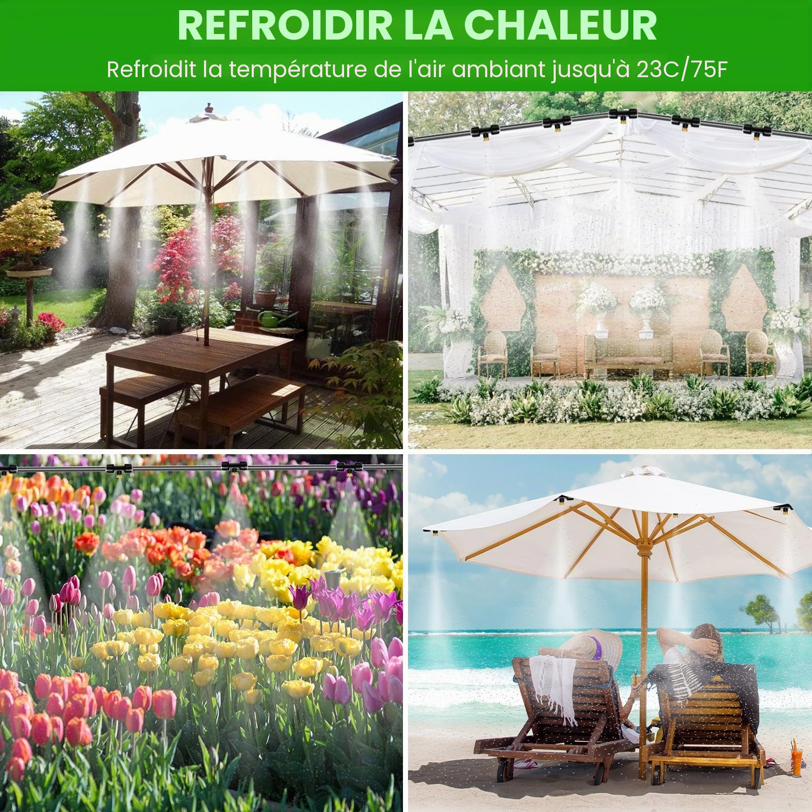 Purpledi 15M Système de Brumisation，75 Pcs Kits d'irrigation Système de Brumisation, Brumisateur Exterieur, Système de Brouillard Froid Extérieur, pour Les Jardins，Les Patios，Les Parasols，Les Toits