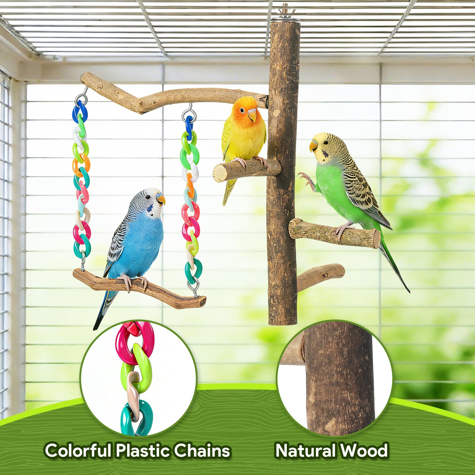 Juguetes para pájaros, juguetes de columpio para pájaros con soporte de perca, accesorios de jaula para periquitos, cacatúas y otros pájaros pequeños