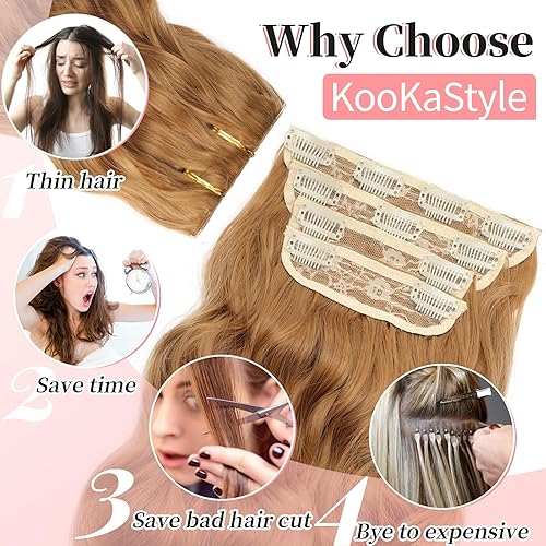 Miniatura 154 de KooKaStyle Extensiones de cabello rubio playa con clip, extensiones de cabello sintético largo ondulado y grueso, 4 piezas de 20 pulgadas para mujer
