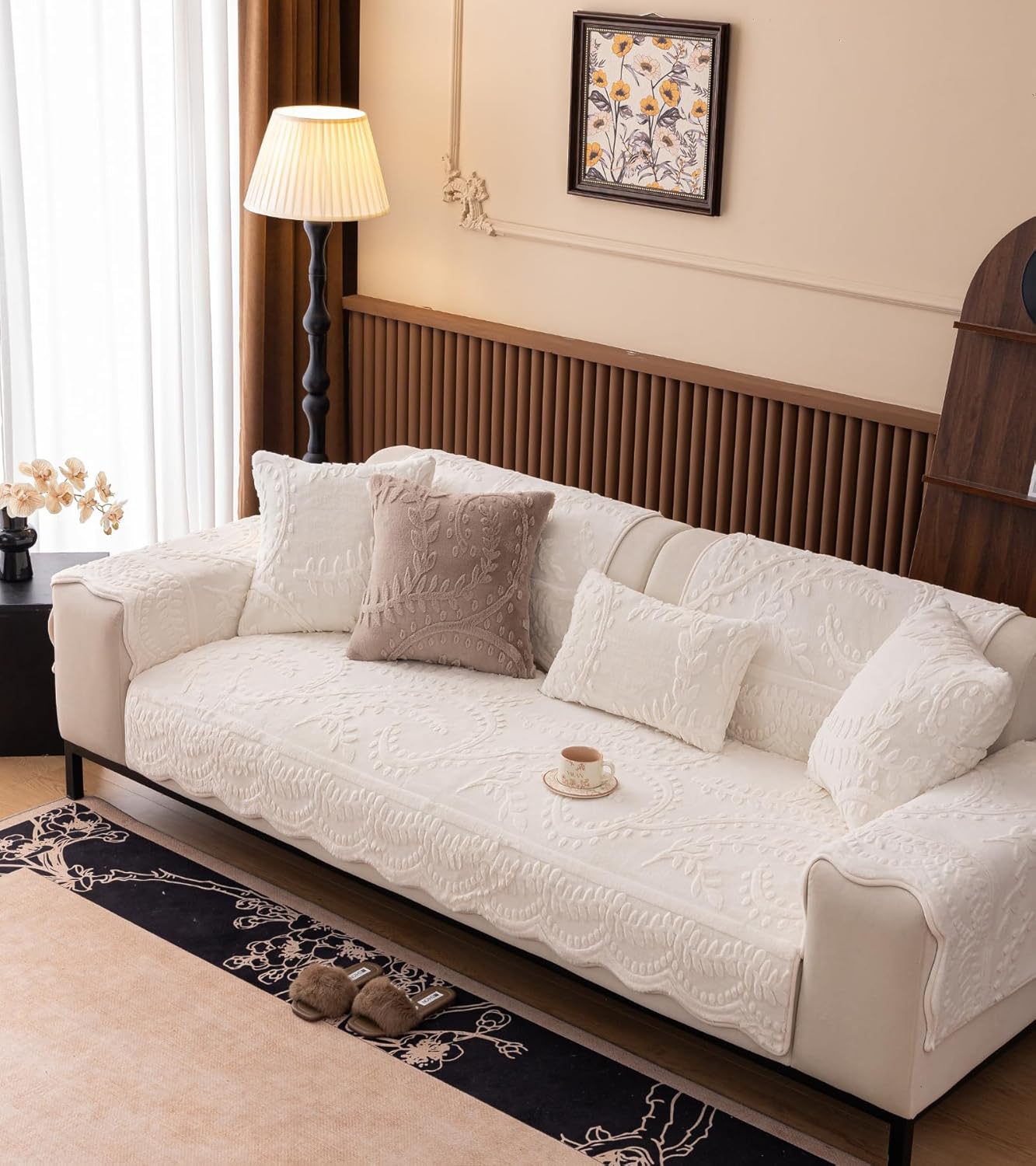 White Fuzzy Rabbit Plush Sofa Cover Cozy Warm Sofa Couch Covers with 3D Jacquard Leaf Pattern Non-Slip Easy-to-Install Shaggy Sofa Slipcover Prefect for Kids Dogs Cats Cats(White,36"x36")