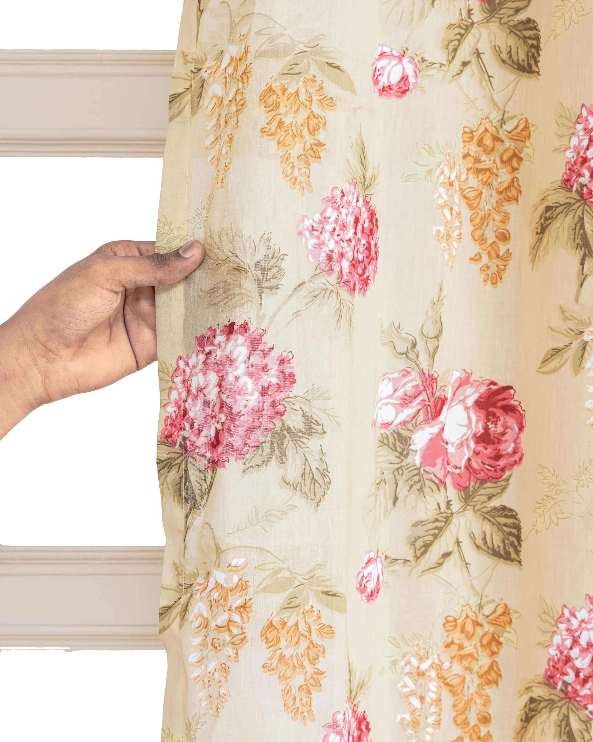 Clasiko Block Print Sheer Door Curtains; 40% Light Filtering Linen Textured Curtains with Eyelets & Tieback; Set of 2; 54x108 Inches/ 9 Feet; Amber Bloom - Image 3 thumbnail