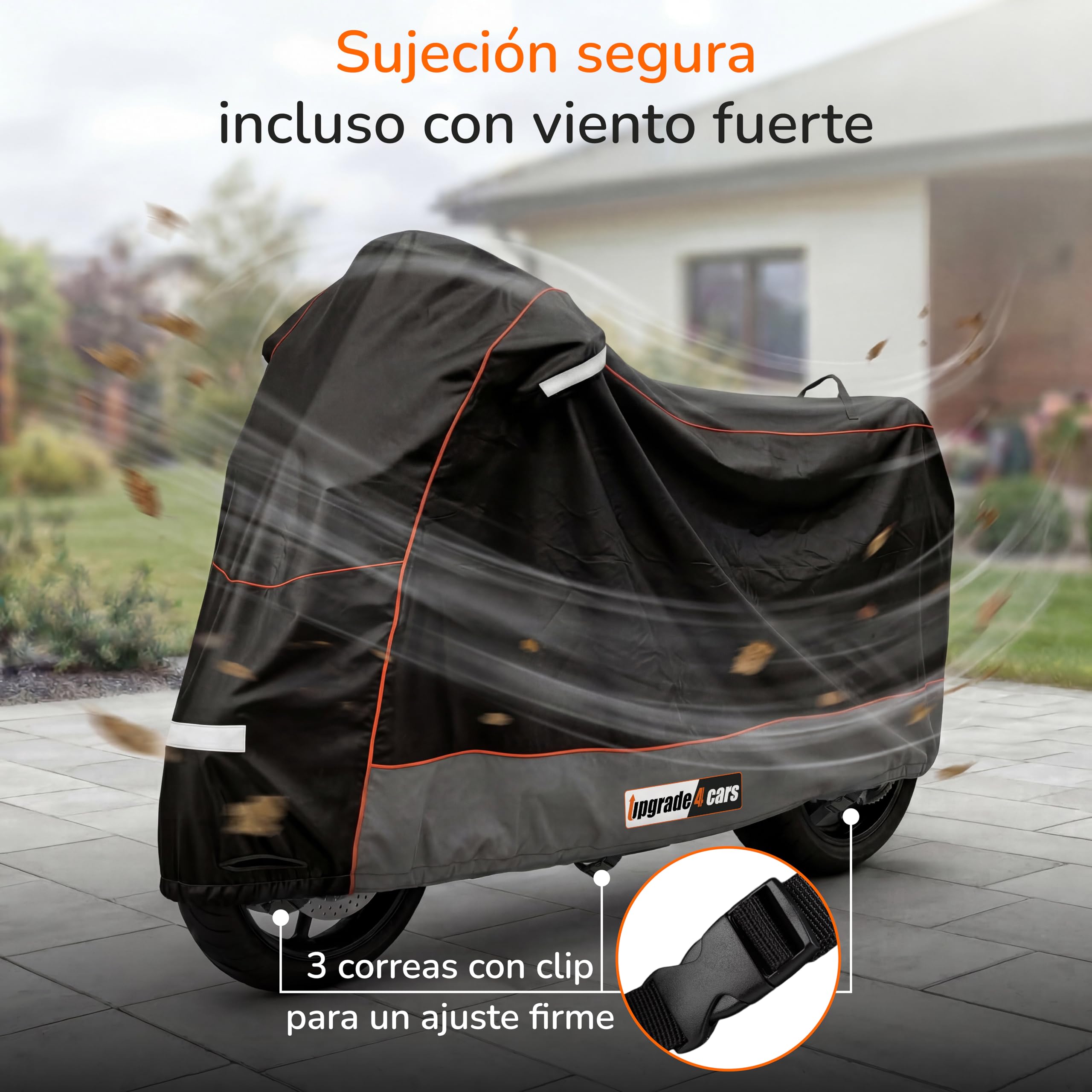 Upgrade4cars Funda para Moto Exterior Impermeable y con Candado | Garaje Universal Moto Resistente al Invierno 210D Poliéster Negro | Cubierta Scooter Tamaño XL 275x105x125 cm — view 5
