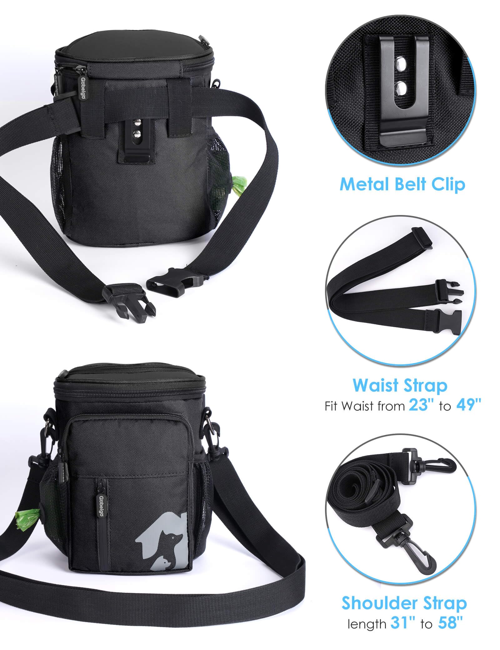 Gobeigo Bolsa de golosinas para perros de 8 tazas y clicker de entrenamiento, bolsa para pasear perros con soporte para teléfono, dispensador de bolsas para excrementos integrado, riñonera de 3