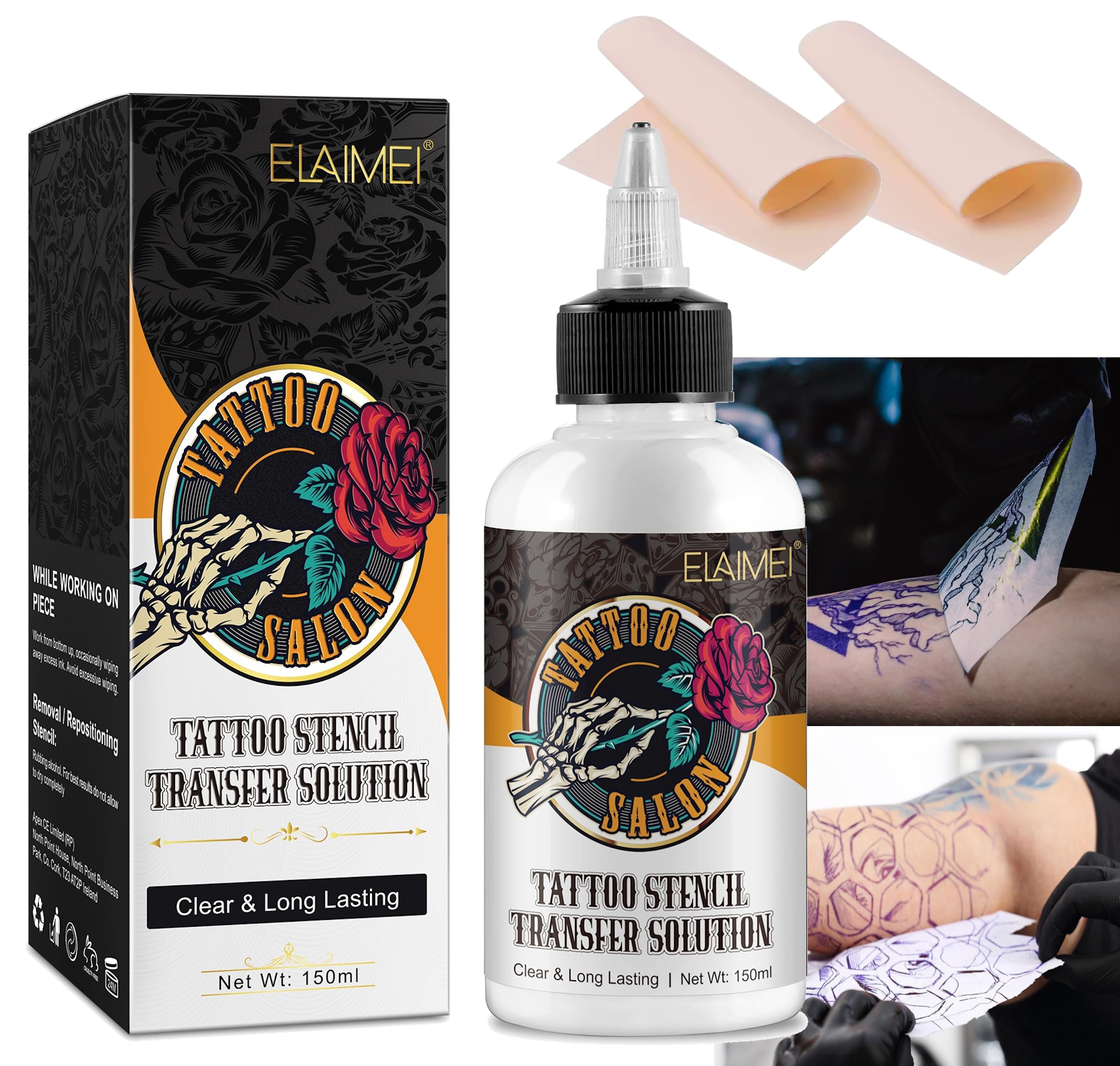Stencil Tattoo Transfer 150ml + REGALO 2 piezas Piel Sintetica. Kit Transferencia de Tatuajes 150ml, Crema Transferencia de tatuajes + 2 pieles sintéticas. Gel de Transferencia Tatuajes Profesional