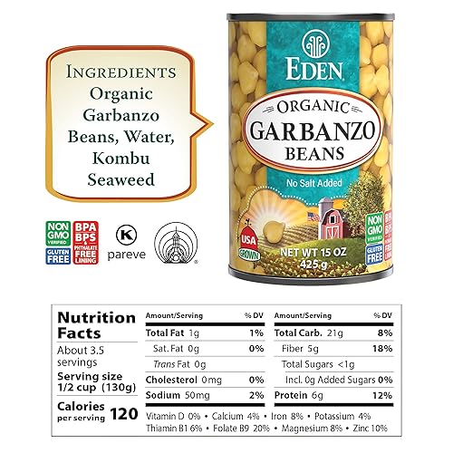 Miniatura 2 de Eden Garbanzos orgánicos, garbanzos, lata de 15 onzas (paquete de 12), sin sal añadida, sin OMG, sin gluten, vegano, kosher, cultivado en Estados