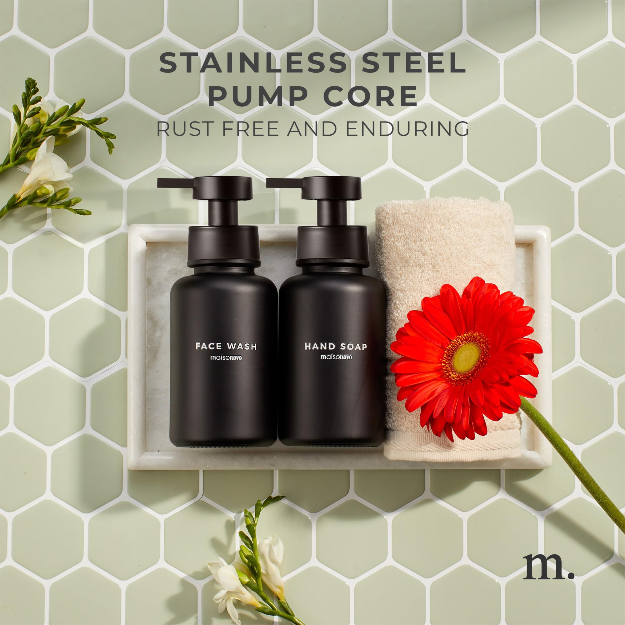MaisoNovo Glass Foaming Soap Dispenser Set of 2-400 ml Black Glass Foaming Hand Wash Dispenser Black Pump x 2, Waterproof Labels - Image 3