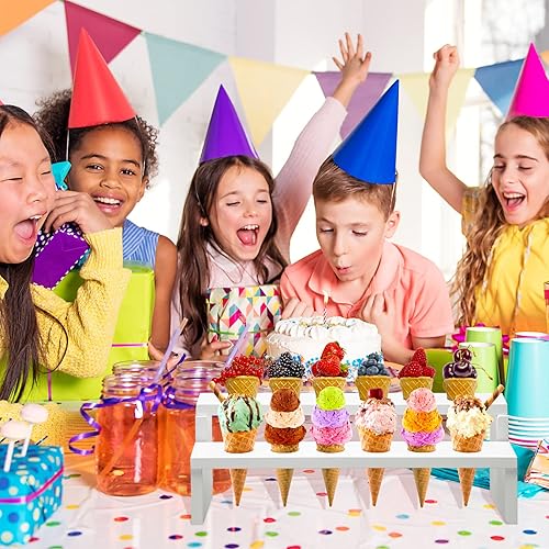 Miniatura 6 de Qunclay 1 soporte de madera para cono de helado, 12 agujeros, doble capa, soporte para cono de comida para mostrar conos de nieve, rollo de mano,