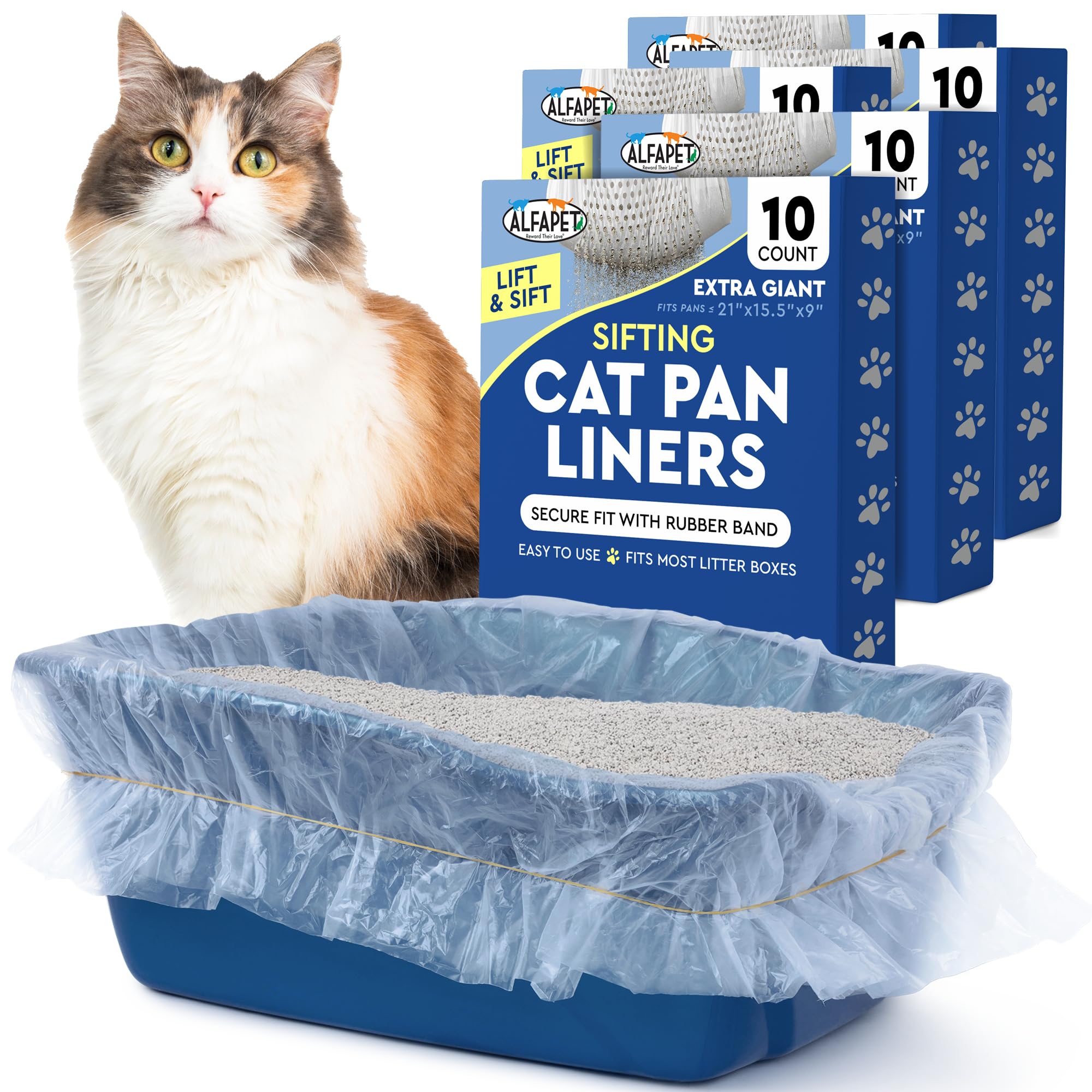 Alfapet Kitty Einweg-Einlagen für Katzentoilette, 10 Stück + 1 Transfer-Einlage, für große, große, große, riesige Katzentoiletten, inklusive Gummiband für festen und einfachen Halt, 5 Stück